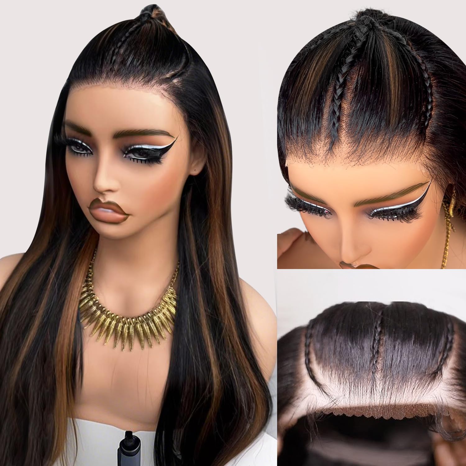 AMIRTY 34 Inch Ombre Braided Lace Front Wigs Human Hair Glueless Braided Wigs Pre Plucked Braided Human Hiar Wigs for Women Highlight Straight Wigs