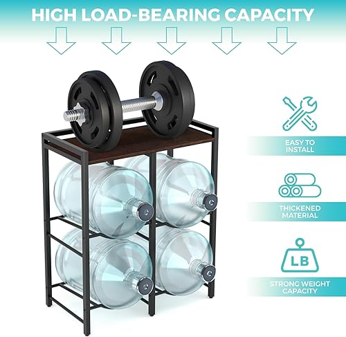 Miniatura 4 de Soporte para jarra de agua de 5 galones para 4 botellas con estante superior de madera marrón rústica, soporte para jarra de agua de 5 galones,