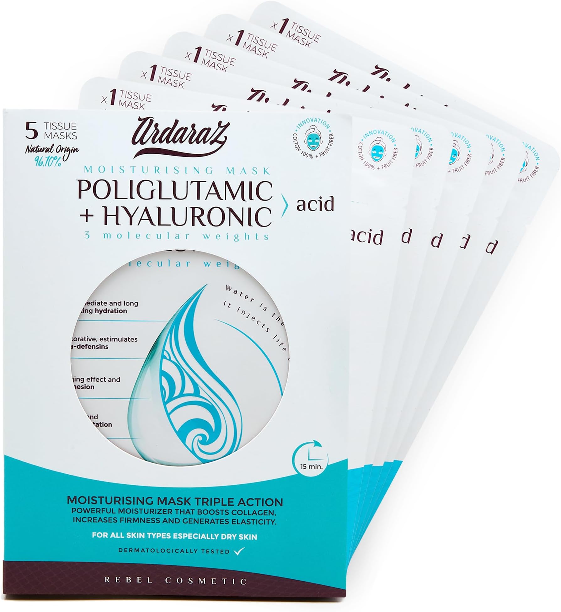 Moisturizing Sheet Mask with Hyaluronic Acid and Polyglutamic Acid. Face Masks Beauty for Deep hydration with instant effect. Vegan Face Mask Set 5 pcs