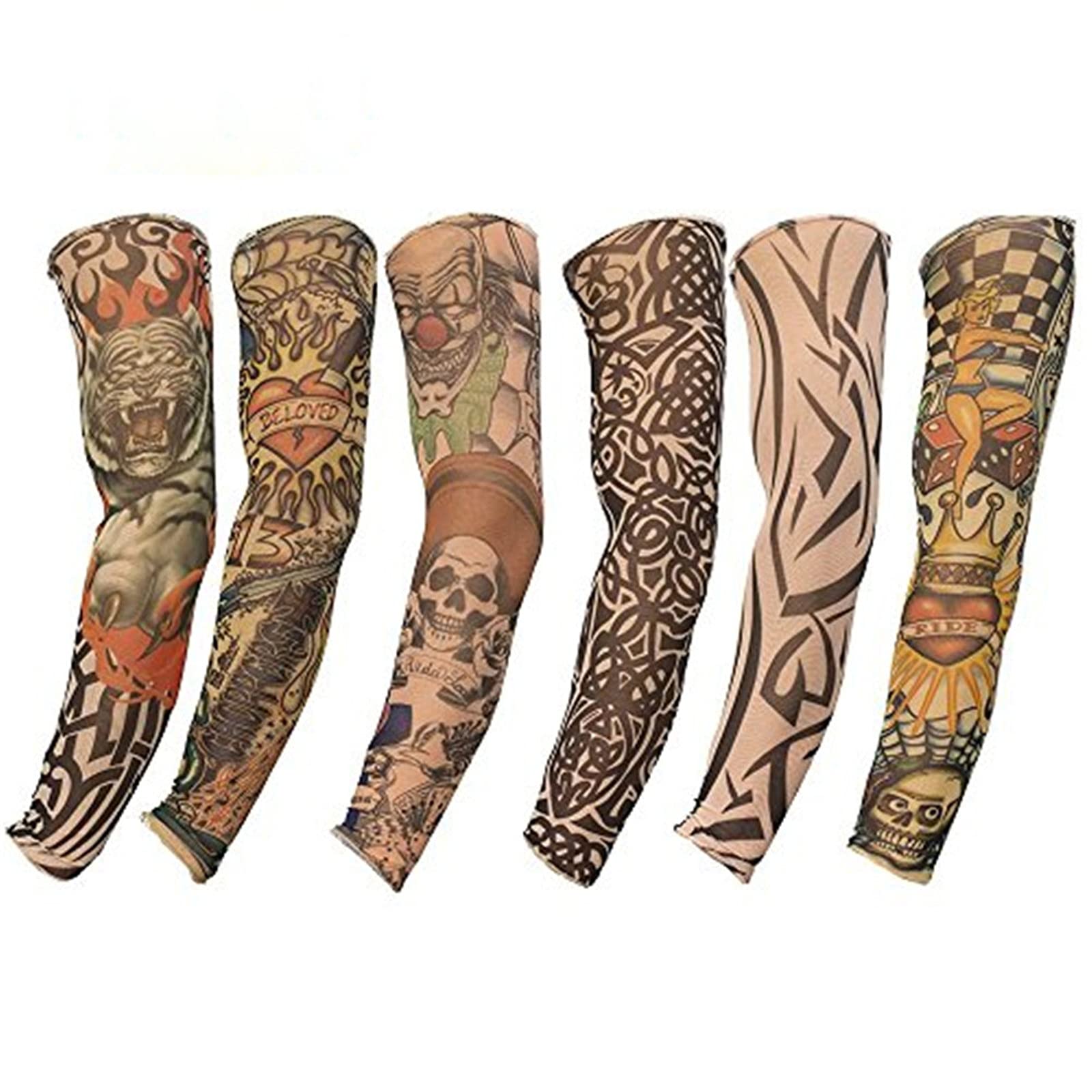 Suneast Unisex Multicolor 6Pcs Fake Tattoo Arm Sleeve, Outdoor Cycling Basketball Sunscreen Nylon Stretch Tattoos Sleeves For Men And Women