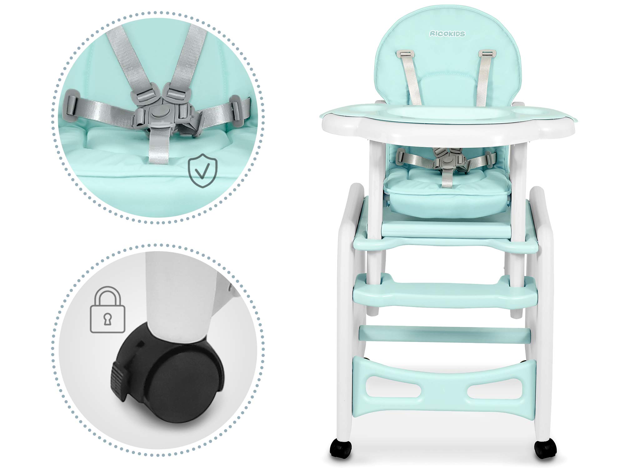 Ricokids Sinco - Trona infantil para bebé que crece, trona multifunción 5 en 1, mesa + silla de bebé regulable, función de balancín, inclinación regulable en 3 posiciones del respaldo, color turquesa