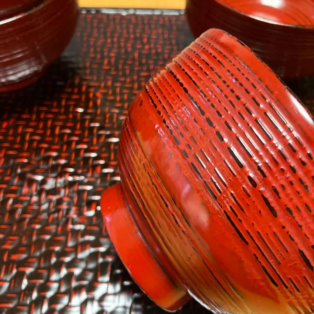 天然木 根来塗 朱うるし塗 平筋どんぶり 丼もの 雑煮椀 お椀 5P