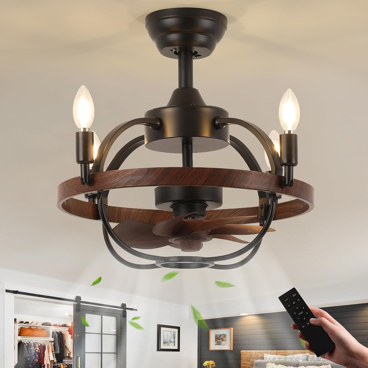 Farmhouse Rustic Ceiling Fan with Light and Remote, 20 Inch Brown Walnut Bladeless Rustic Chandeliers Fan, Vintage Chandelier Fan for Living Room, Bedroom, Hallway, Entryway Lighting