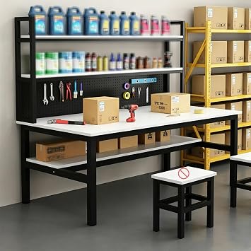 Garage Workbench with Pegboard, Heavy Duty Work Bench with Shelves 660lbs Load Capacity Reinforced Steel Frame Work Table for Garage, Workshop, Home, Industrial UseWhite/Black,39.4" x 31.5"
