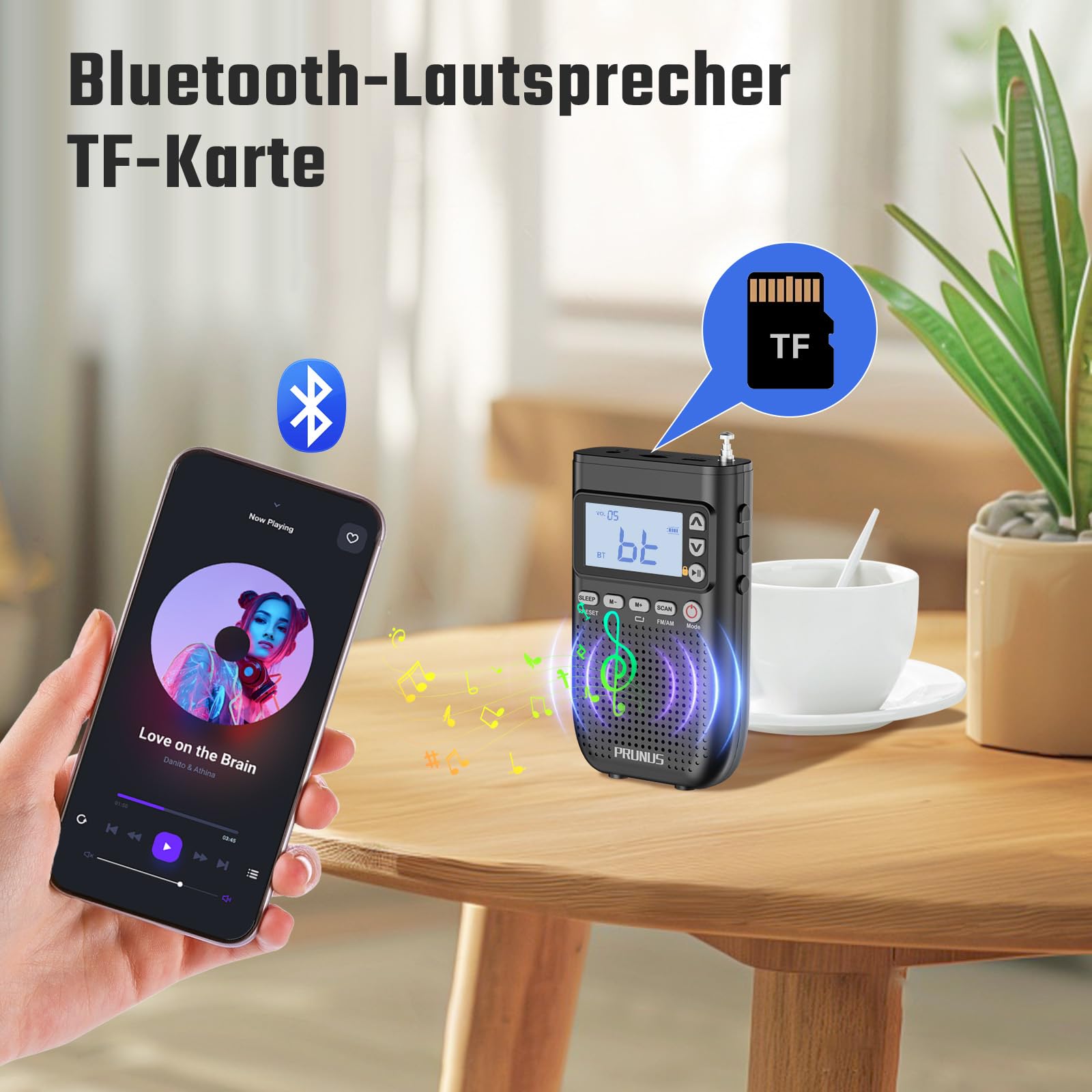 PRUNUS J-618 AM FM Mini Radio mit Bluetooth- Kopfhörern Verbunden, Digital Radio Klein unterstützt Manuelle Senderspeicher, Sleep Timer, Taschenradio mit 2000mah Akku, SD Card/Bluetooth Lautsprecher.