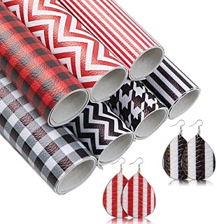 David Angie A5 Size Classic Buffalo Plaid Stripe Chevron Pattern Faux Leather Sheet 7pcs Assorted for Earrings Bows Making (Geometric)