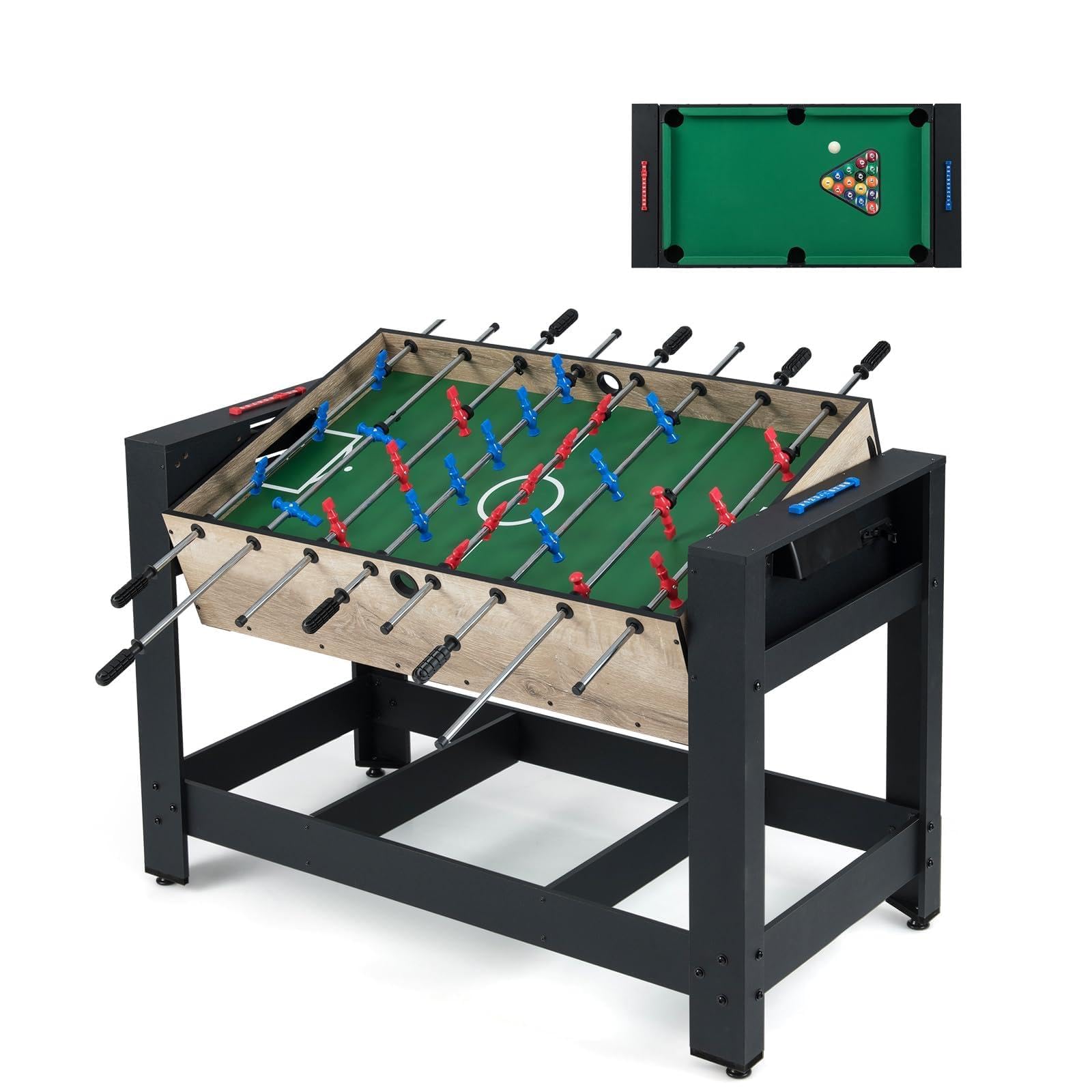 COSTWAY 2 en 1 Mesa Multijuego Giratoria, Mesa de Futbolín y Billar con Patas, 2 Bolas, Tacos, Triángulo, Cepillo y Tizas, Juego de Interior para Adolescentes y Adultos, 122 x 60,5 x 81,5 cm