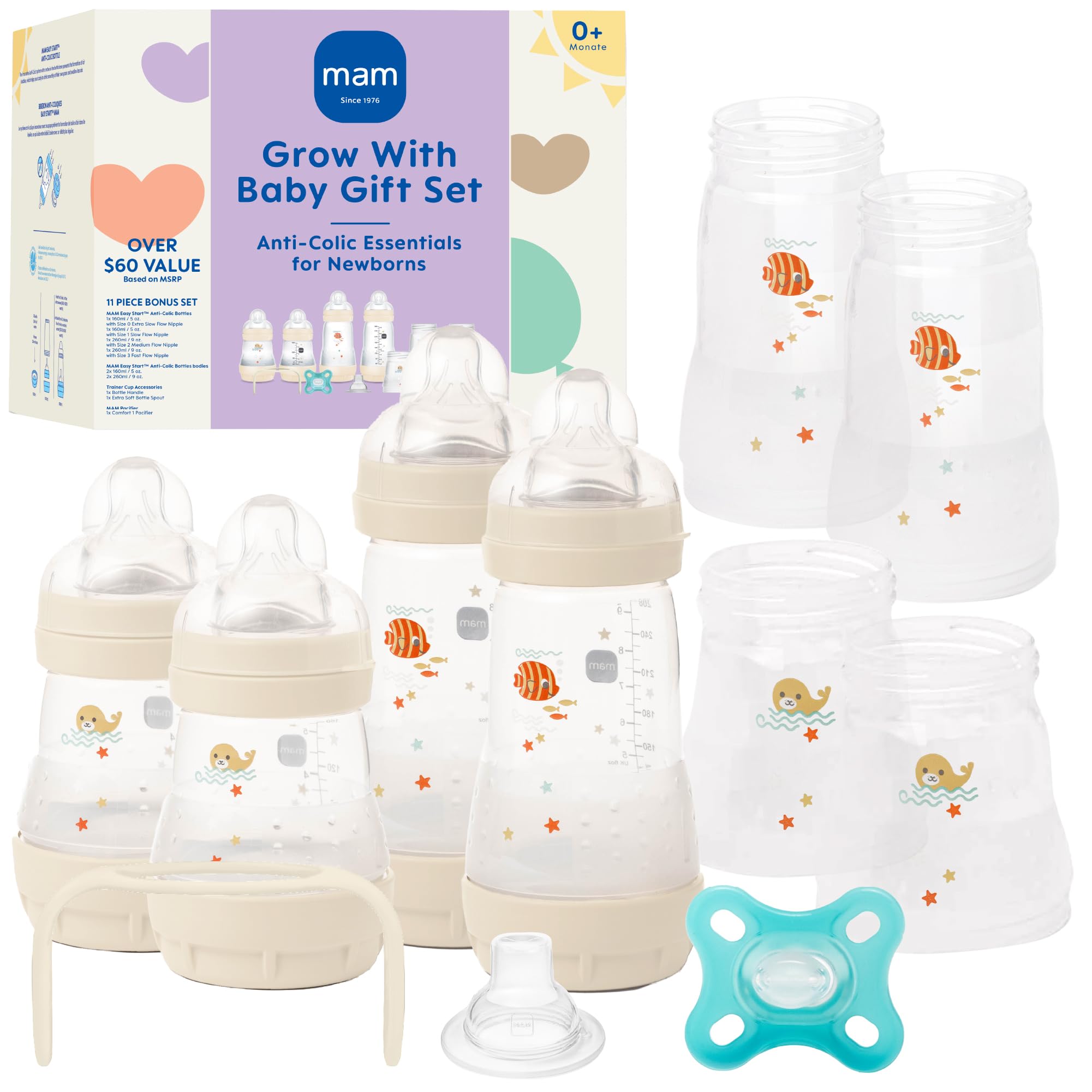MAM Juego de regalo para bebé, el mejor chupete y biberón para bebés amamantados, juego de cultivo con bebé, unisex, 19 unidades, blanco, biberones de 5 onzas y 9 onzas