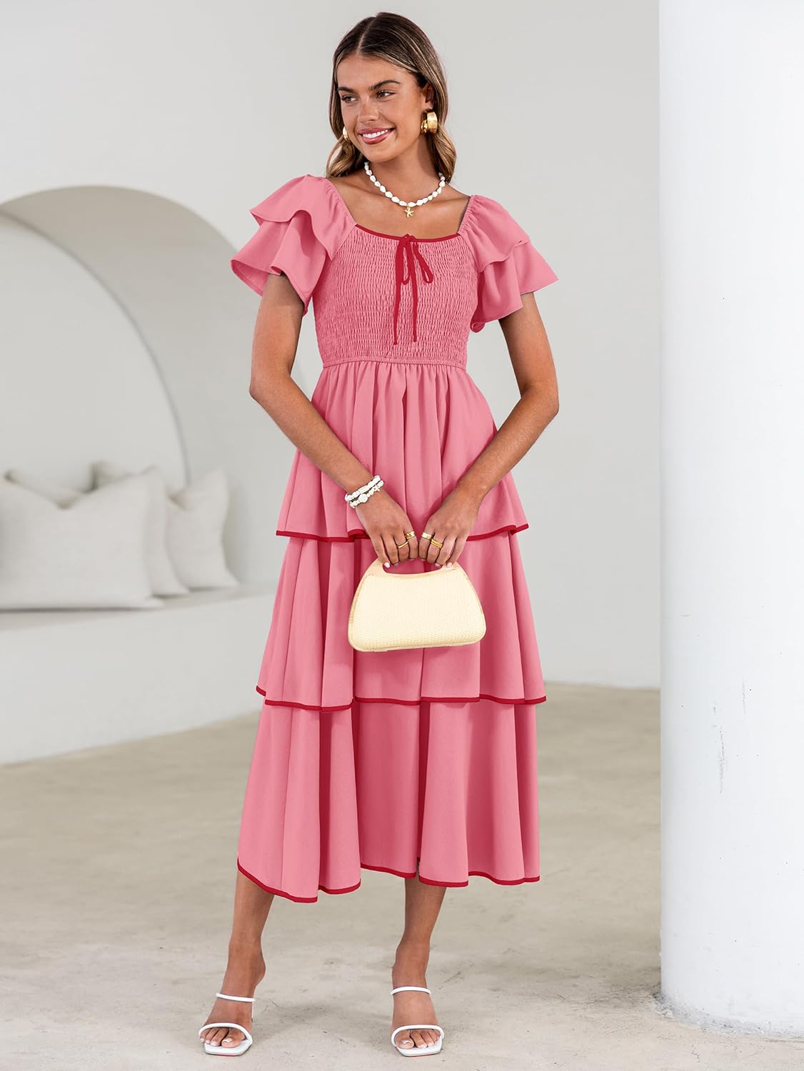 BerryGo Womens Summer Flowy Wedding Guest Maxi Dress Smocked Tiered Boho Casual Short Sleeve Square Neck Ruffle Dresses - Image 3