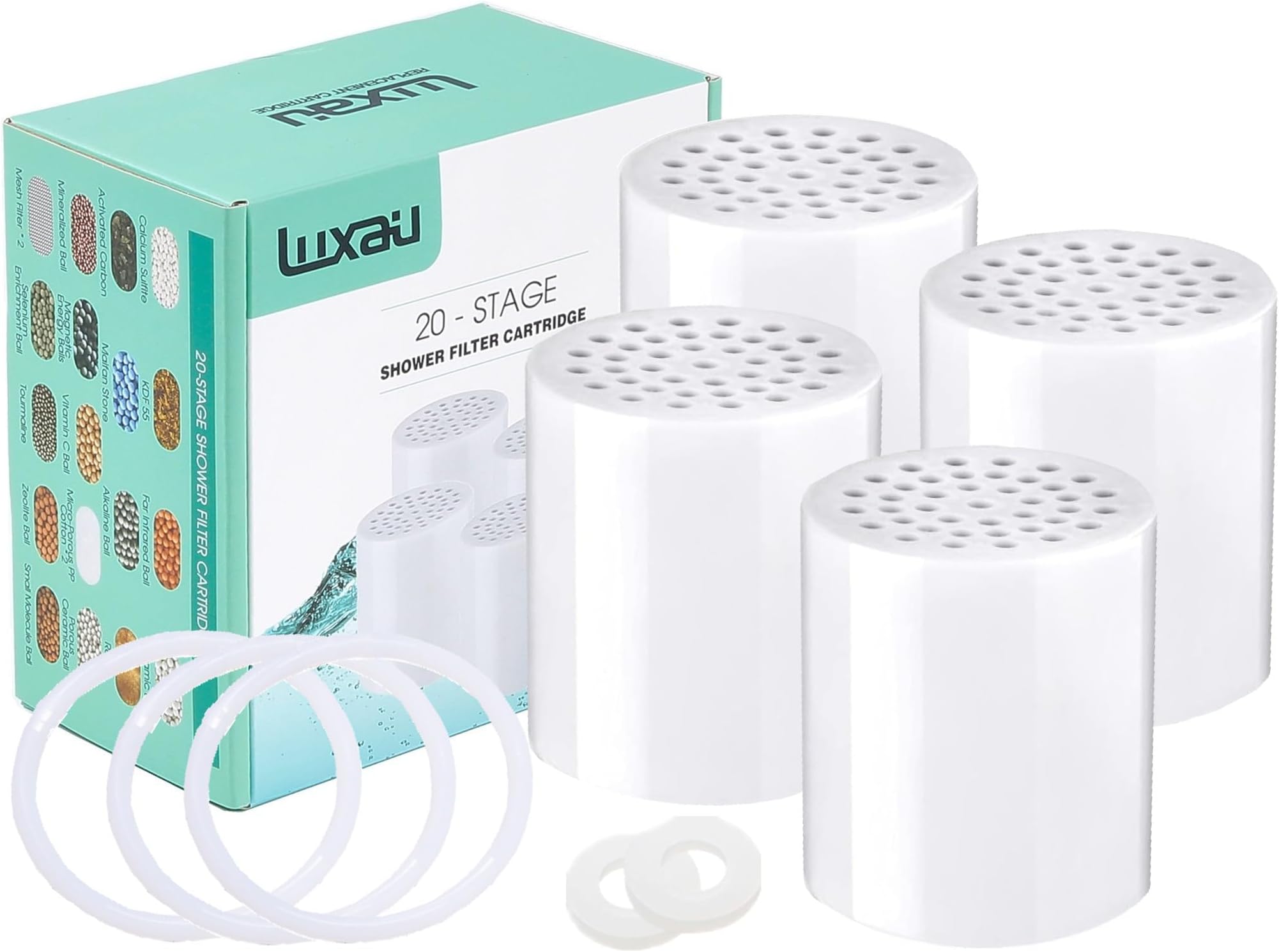 4 Pc Luxau 20 Stage (Also Fit 15, 18 Stage) Shower Filter Replacement Cartridge, Shower Head Filter Refill, for Hard Water Chlorine Heavy Metal, Skin Hair, Fit Any Similar Design Shower Water Filter