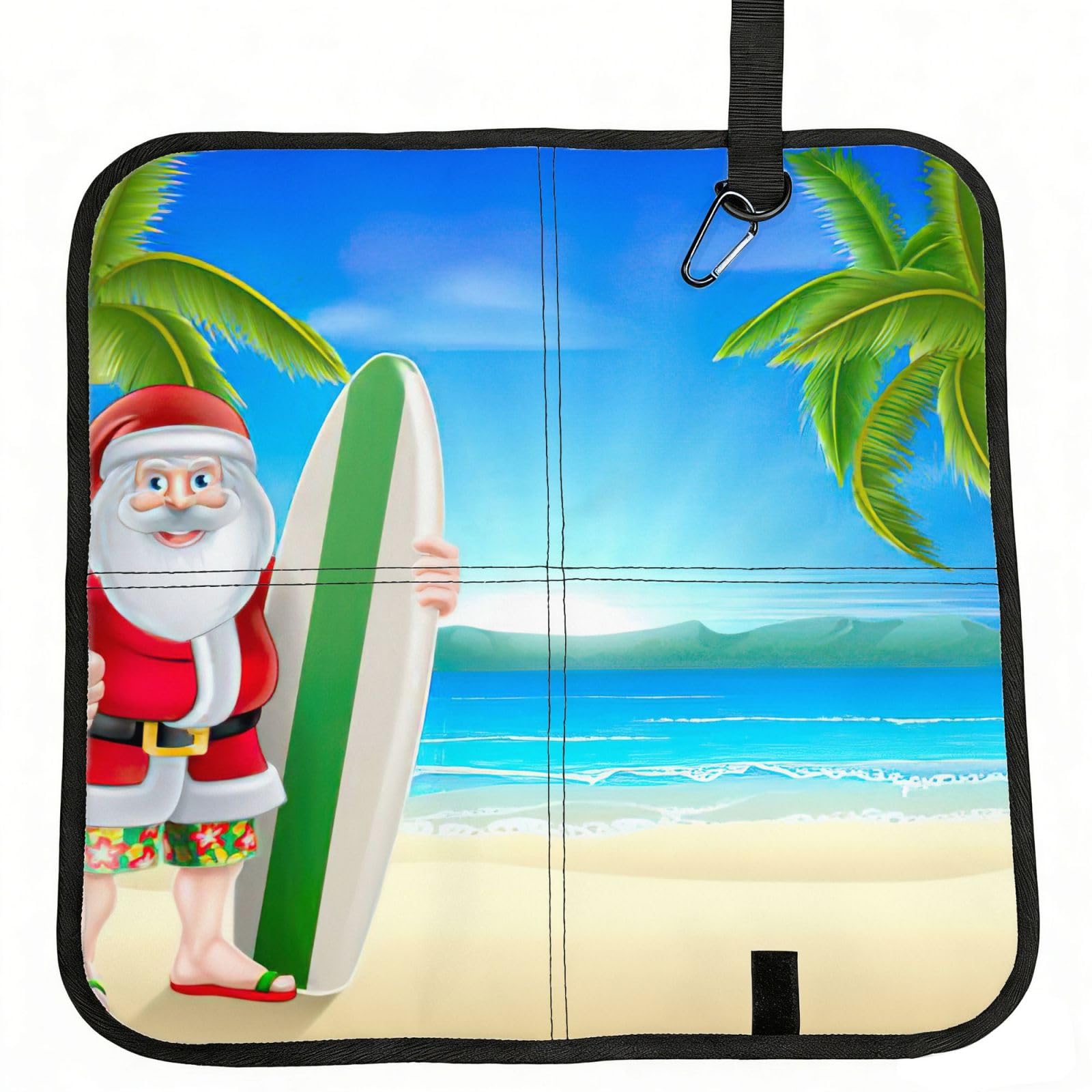 bghdfa Santa Claus With The Beach And Surfboard Print Outdoor Sitting Mat Waterproof Oxford Cloth Seat Cushion Folding Foam Camping Seat For Picnic