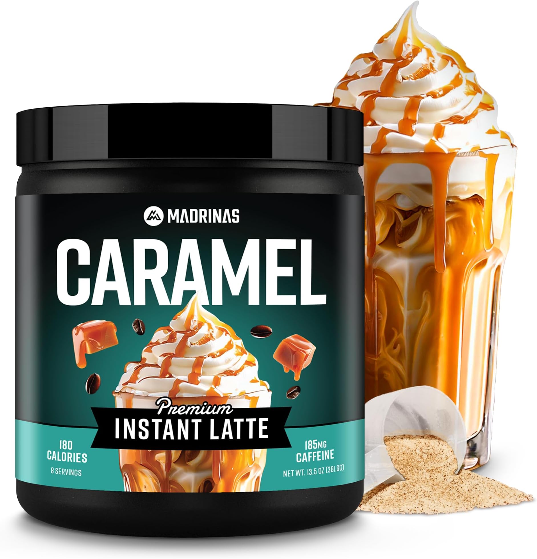 Premium All-Natural Caramel Flavored Instant Coffee Cold Brew Latte Mix - 8 Servings - High Caffeine, Rich & Flavorful, Gluten-Free, Convenient | MADRINAS