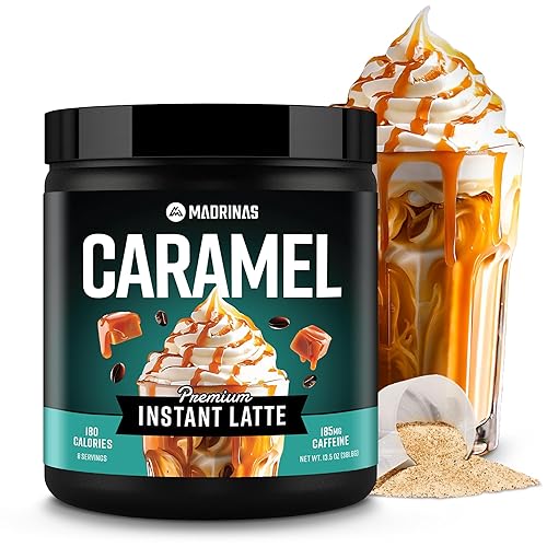 Premium All-Natural Caramel Flavored Instant Coffee Cold Brew Latte Mix - 8 Servings - High Caffeine, Rich & Flavorful, Gluten-Free, Convenient | MADRINAS - Caramel - 8 Servings