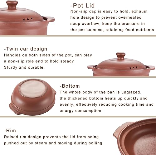 Miniatura 7 de Red Zisha - Ollas de sopa de loza sin esmaltar, cacerola de cerámica de terracota natural con tapas olla de arcilla para cocinar (2.6 cuartos de