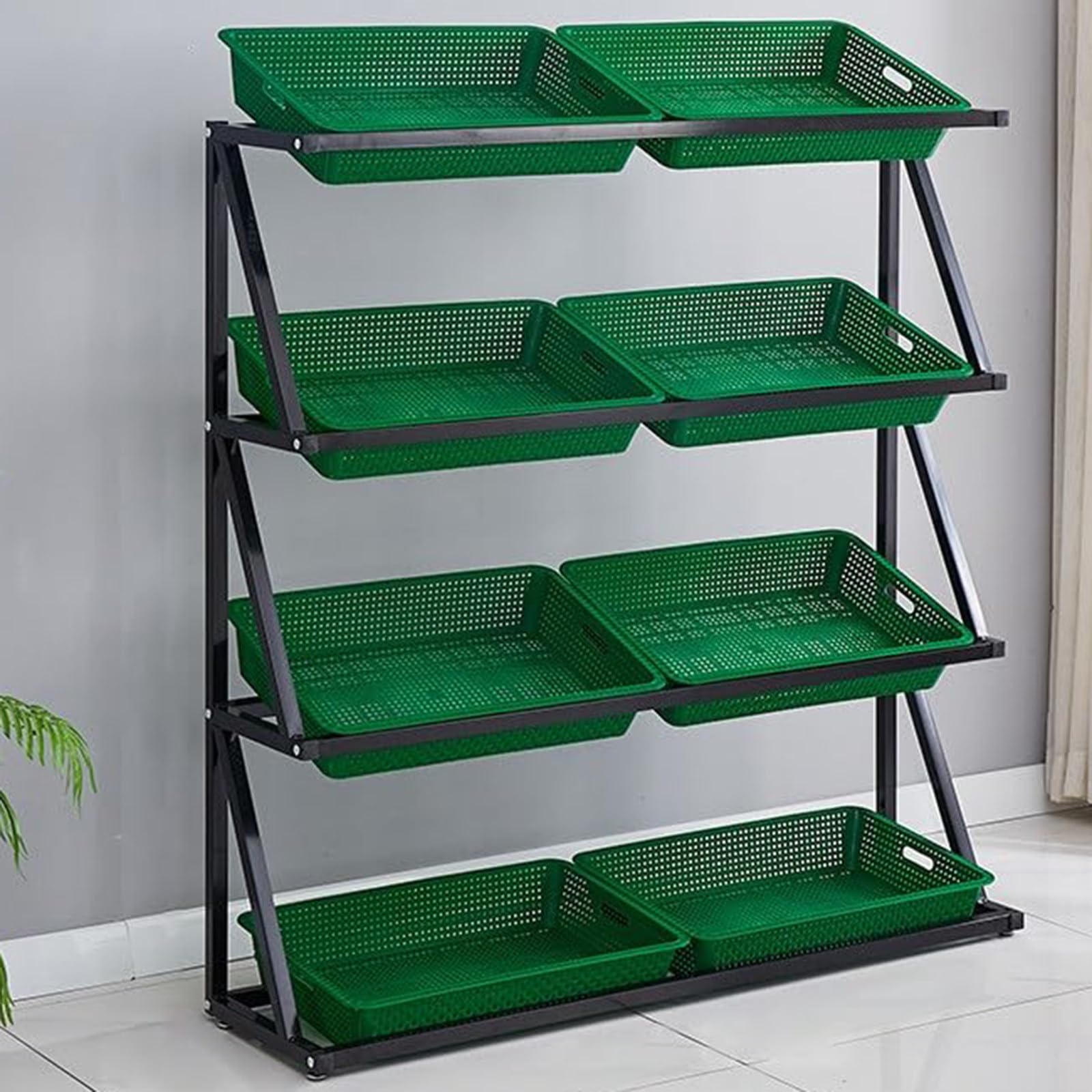 snack shelf，4 Tier Commercial Supermarket Fruit Vegetable Shelf Organizer,Retail Display Rack Market Shelf,Convenience Store Snack Display Stand,Retail Basket Rack for Kitchen,Green-Double