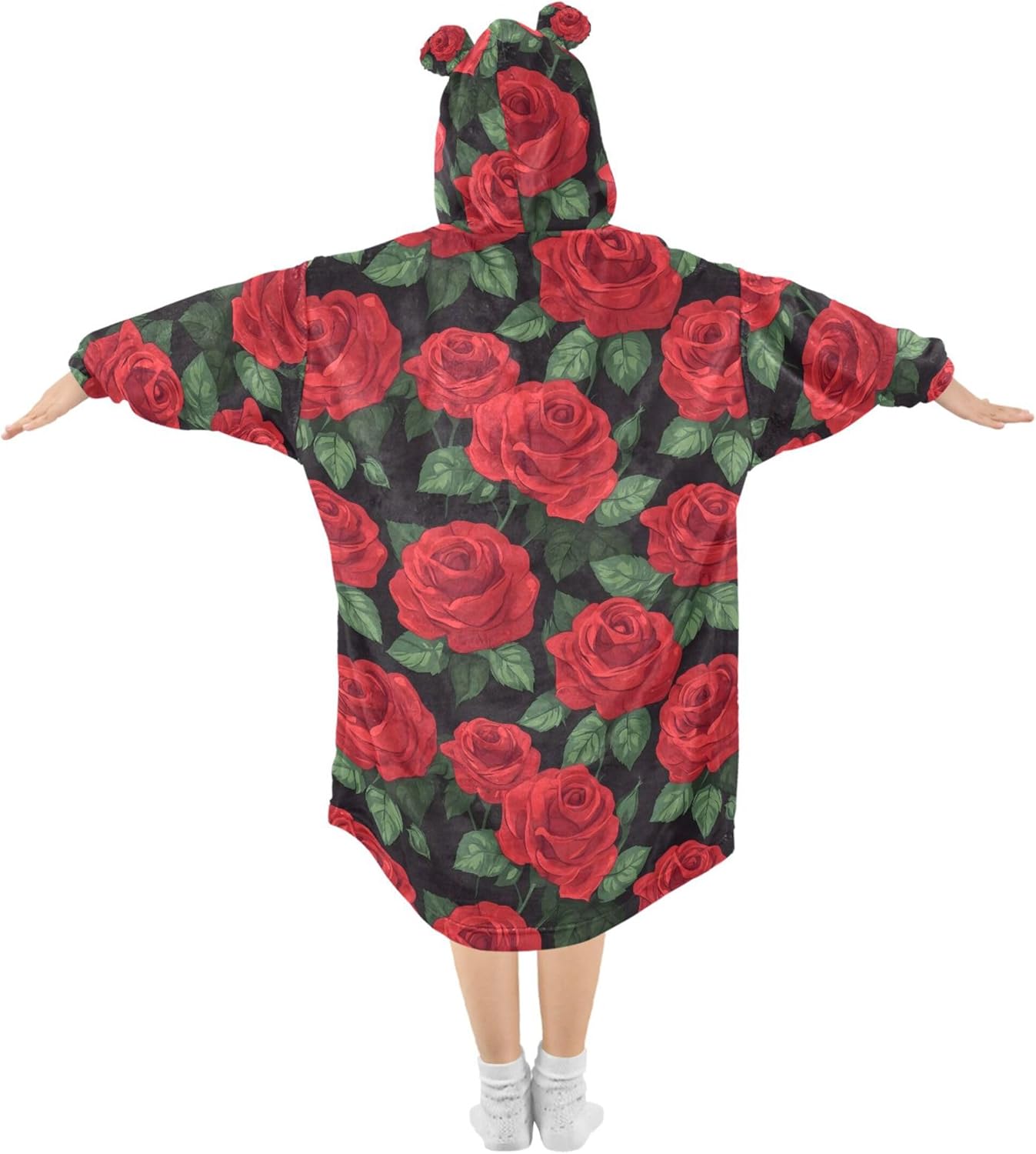 Red Rose Flowers Kids Wearable Blanket Hoodie with Pocket and Sleeves for Toddlers, Cute Hoodies Girls Boys B0403667
