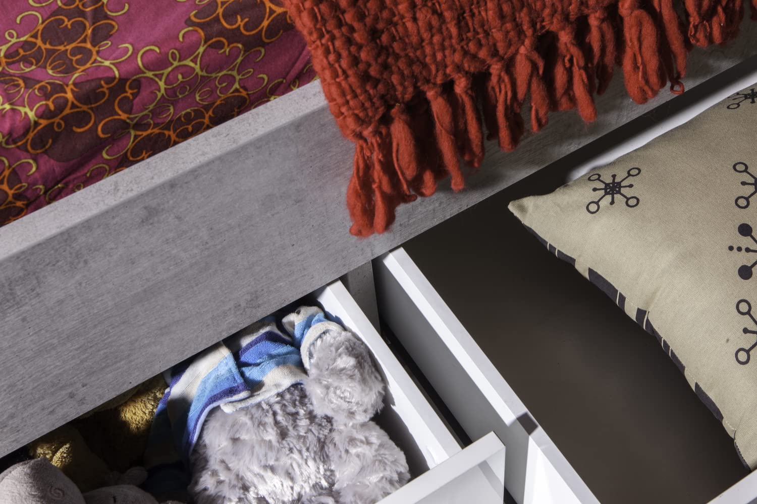 Composad | Letto Piazza e Mezzo con Cassettoni della Linea MIPIACE, Letto Moderno, (LxAxP) 126,40x87x211,80 cm, Colore Grigio Cemento e Bianco laccato, Made in Italy