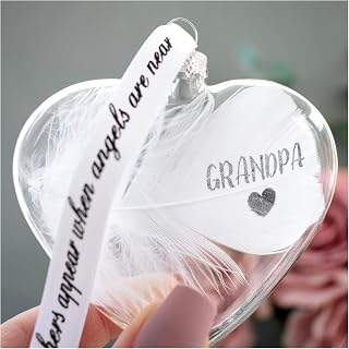 Grandpa In Memory Bauble. Real White Feather. Glass Heart Hanging Decoration. Remembrance Keepsake.