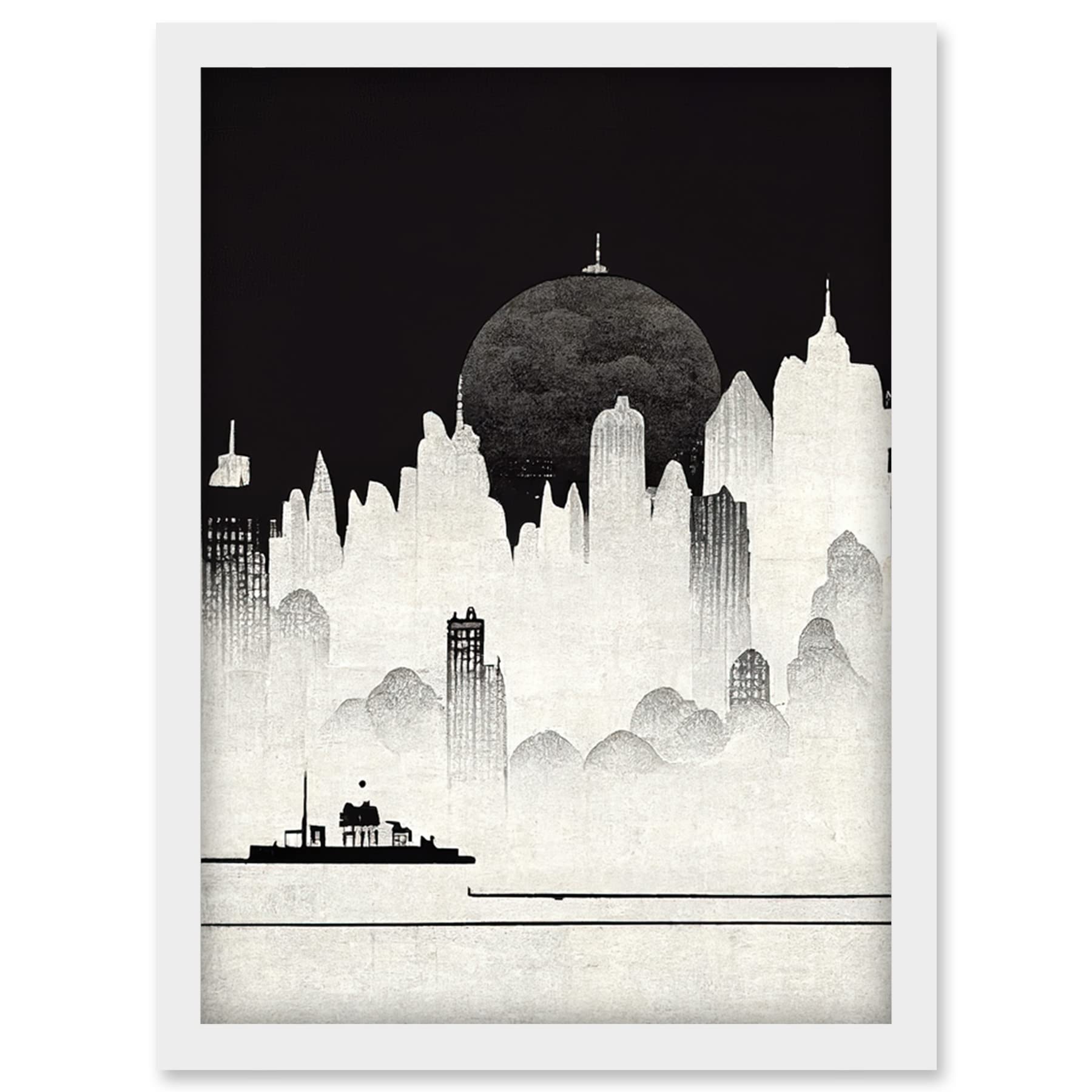 Doppelganger33 LTD Futuristic Cityscape Ukiyo-e Flat Illustration Artwork Framed Wall Art Print A4