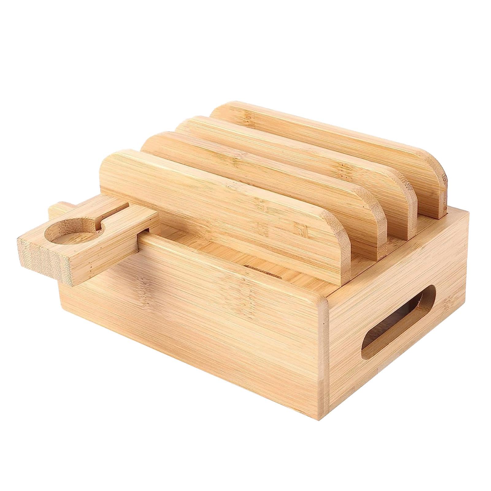 Estación de carga de madera artesanal para móvil y reloj en mesita de noche 8