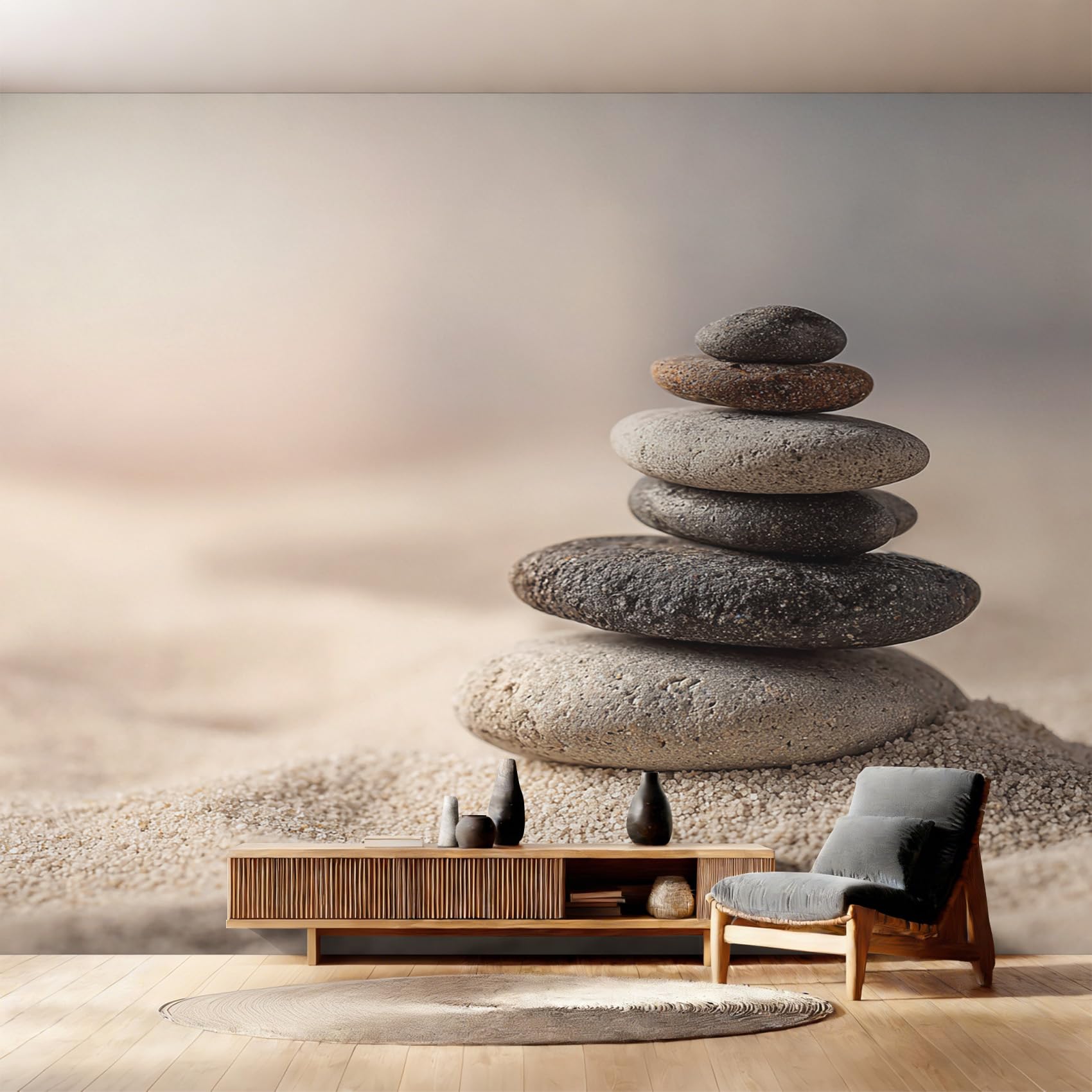 Papier peint zen stone pour masquer les imperfections de mur de salon