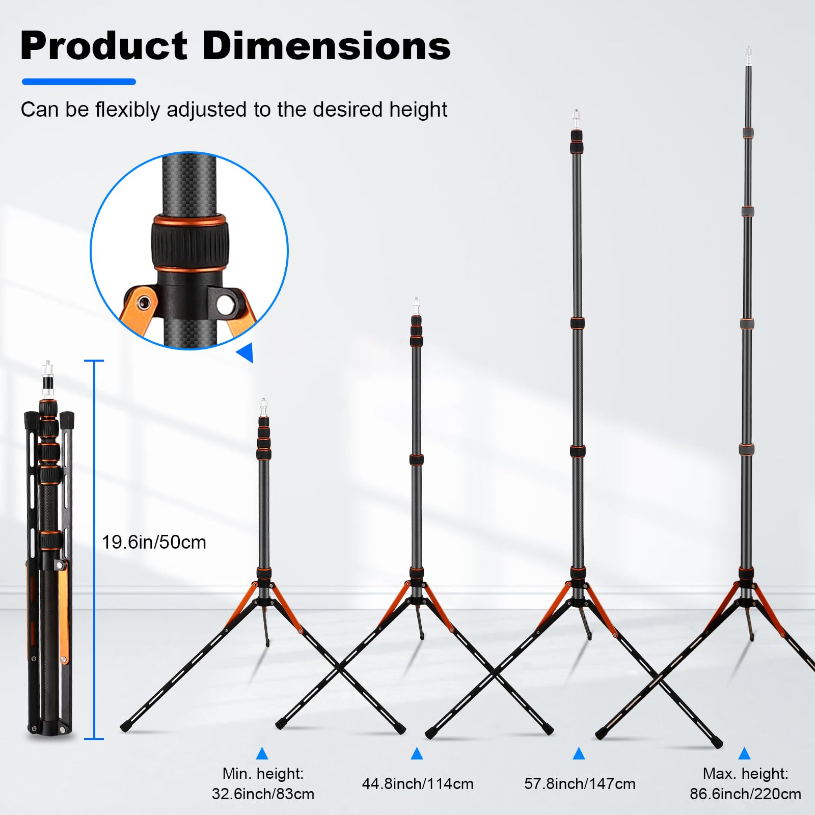 Soonpho 220cm Carbon Fibre Travel Light Stand Portable Photography Tripod Lightweight 86,5inch Photo Studio Tripod for Strobe Reflector Softbox Umbrella Video Shooting Background with Carrying Bag - Image 2