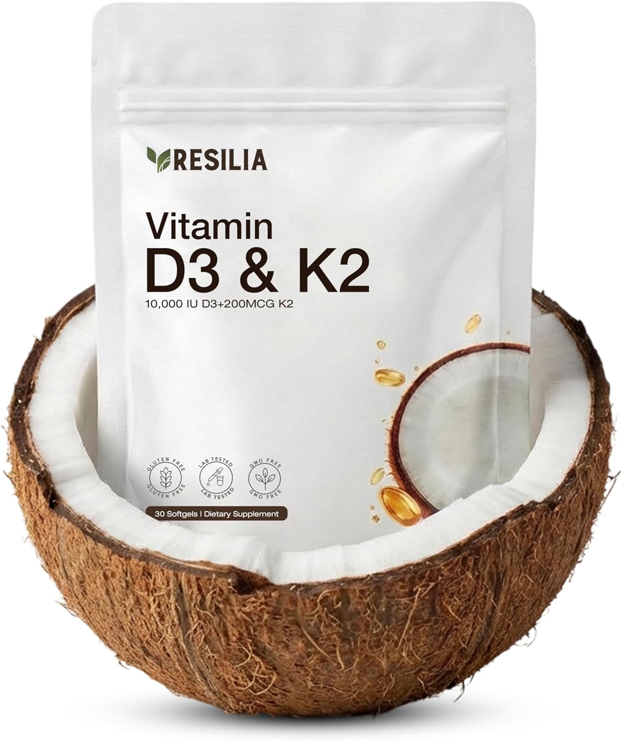 Reselia D3 K2 Vitamin 10000 IU + MK-7 200 mcg – High Potency Softgels with Coconut & Olive Oil for Maximum Absorption – Supports Bone Strength, Heart Health & Immune System – (30 Count)