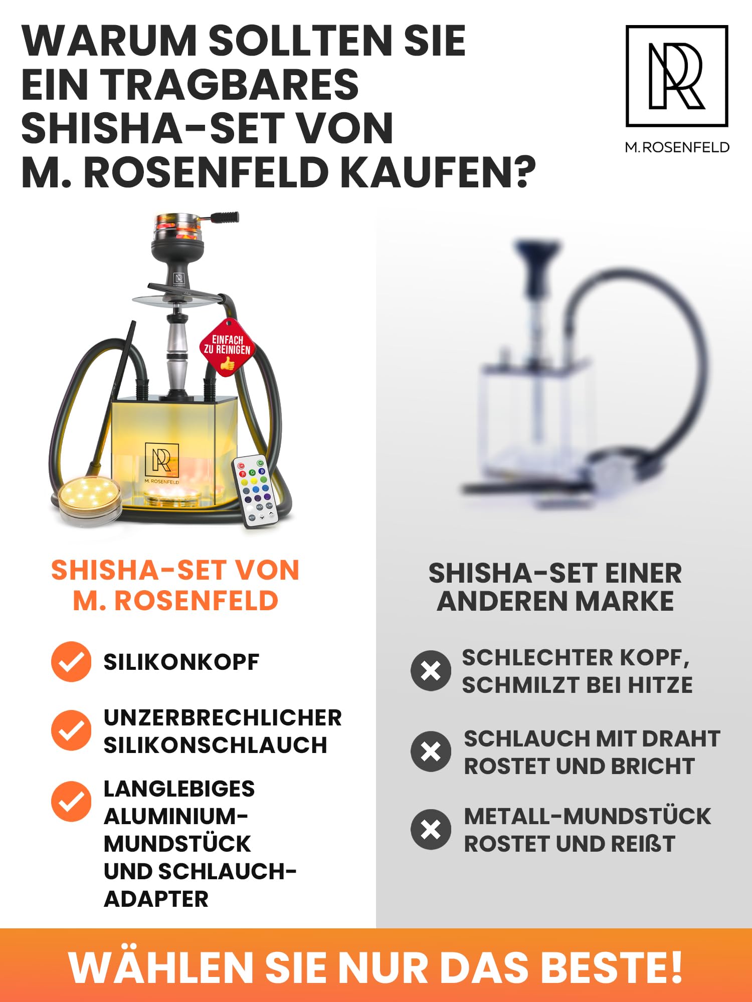 M. ROSENFELD Kompletny zestaw do shishy To Go z torbą i akcesoriami premium – zestaw główek z HMD, ustnikiem, aluminiową rurą zanurzeniową, dyfuzorem i akrylową miską, czarny