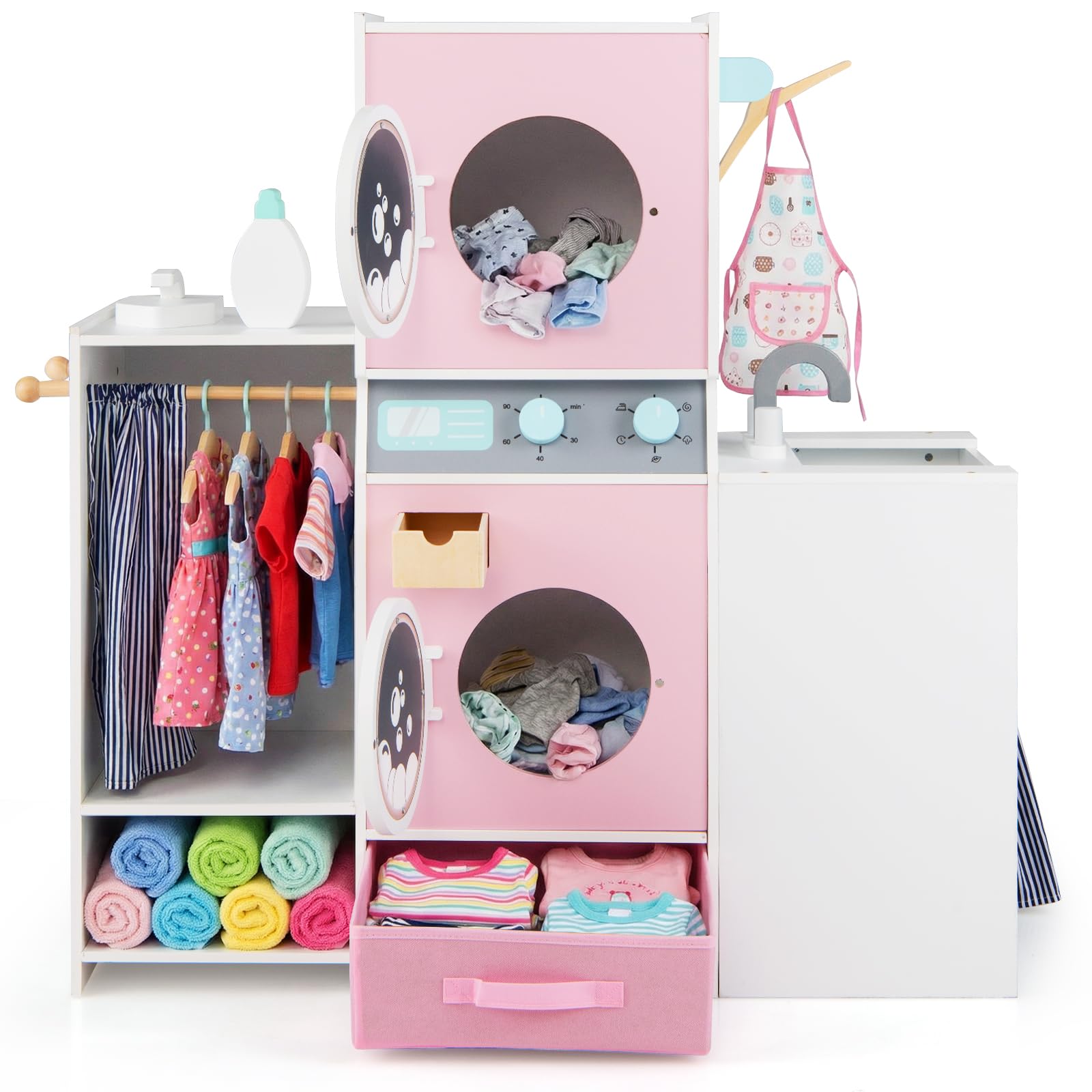 COSTWAY Kinder Waschmaschine Holz, Spielzeug Waschmaschine-Set mit Waschmittel, Bügeleisen, Kleiderbügeln & Stoffschublade, Wäsche-Set für Kinder ab 3 Jahren
