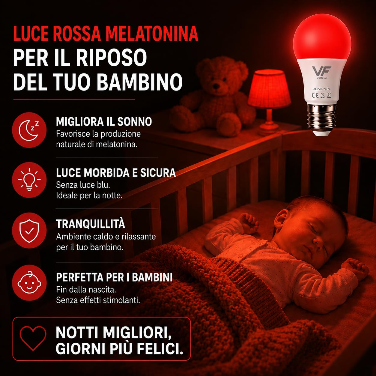 Pack2 Lampadina LED notturna, melatonina rossa 625nm, attacco E27+E14-2 in 1 - Adattatore incluso - Lampadina rossa da 7W per la terapia del sonno - 0% luce blu - Senza sfarfallio