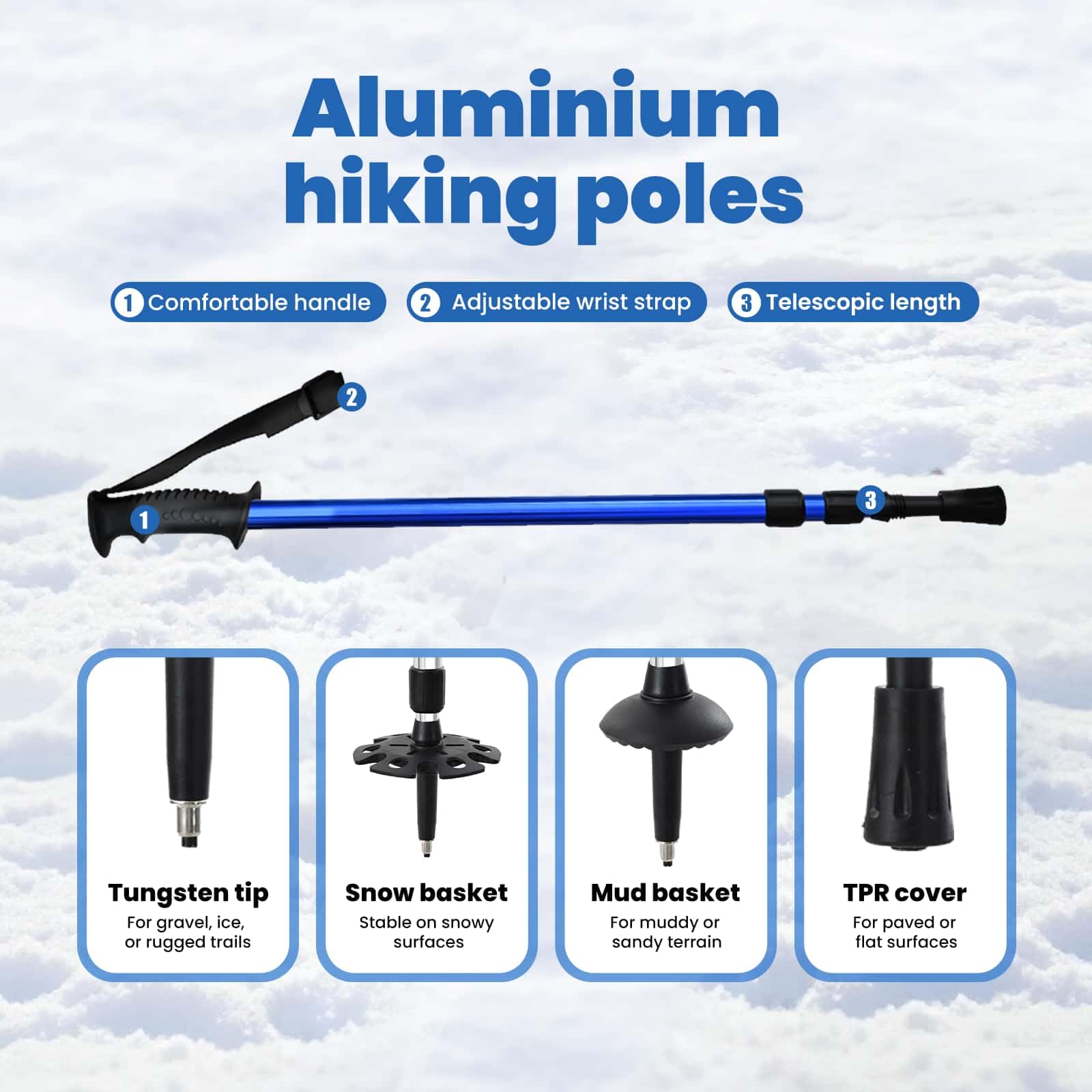 vidaXL Racchette da Neve 3 in 1 con bastoni da Trekking Blu e Nero, Ciaspole in Alluminio per Il Giardino, Attrezzatura Outdoor Regolabile, Accessori Moderni per Camminare sulla Neve