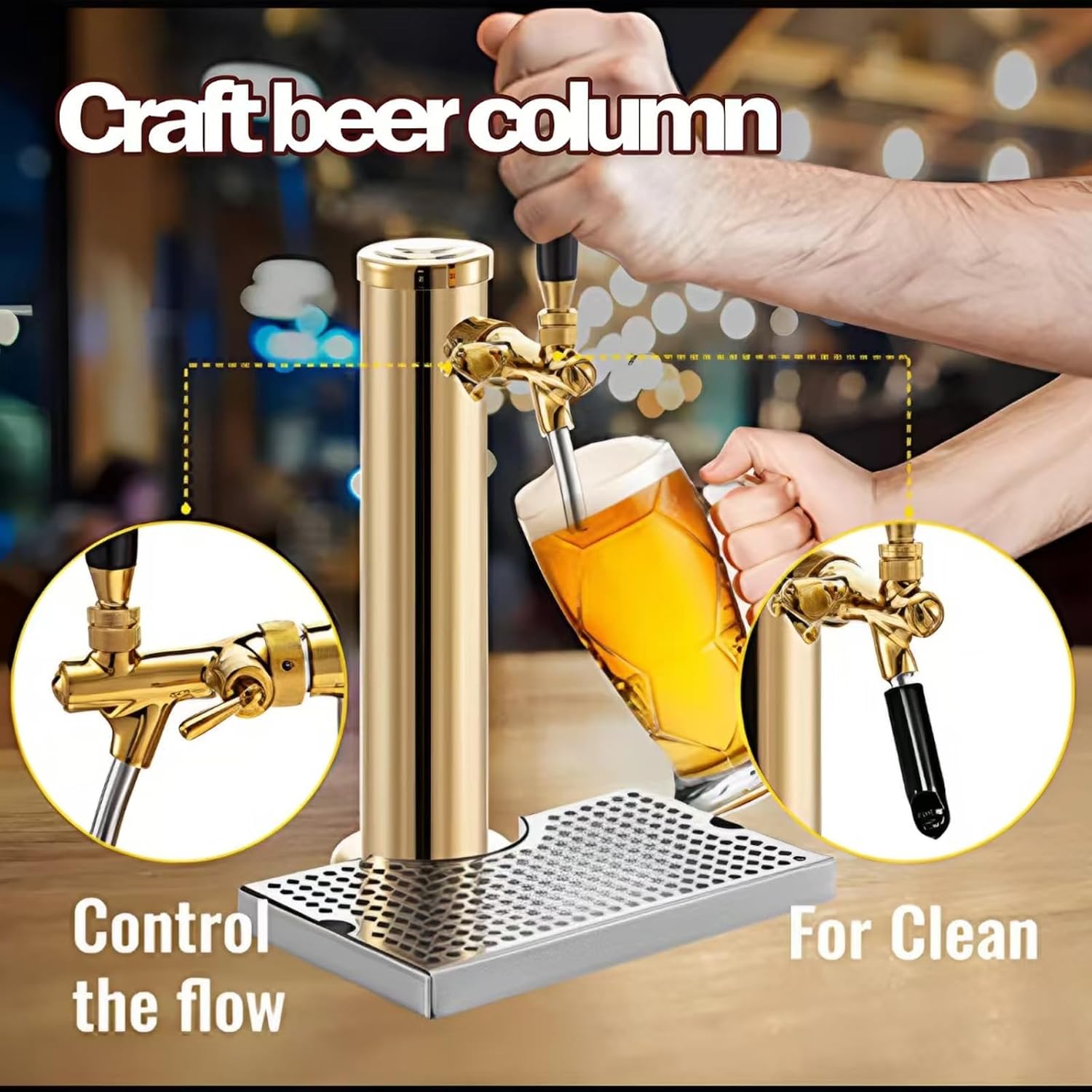 14" Stainless Steel Gold Draft Beer Tower with Drip Tray, Complete Kegerator Kit for Home Brewing, Outdoor Parties, Bars & Commercial Use(1 hole)