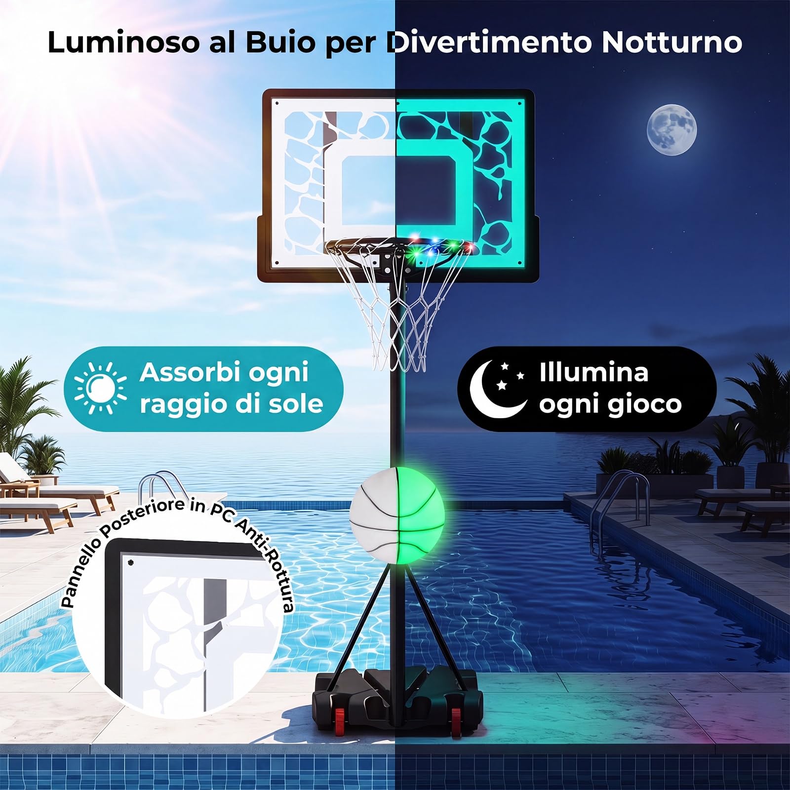 COSTWAY Canestro da Basket da Esterno, Canestro Pallacanestro da Piscina con Luci LED, Altezza Regolabile 115-144 cm, Palla, Ruote, Base Riempibile e Tabellone Infrangibile