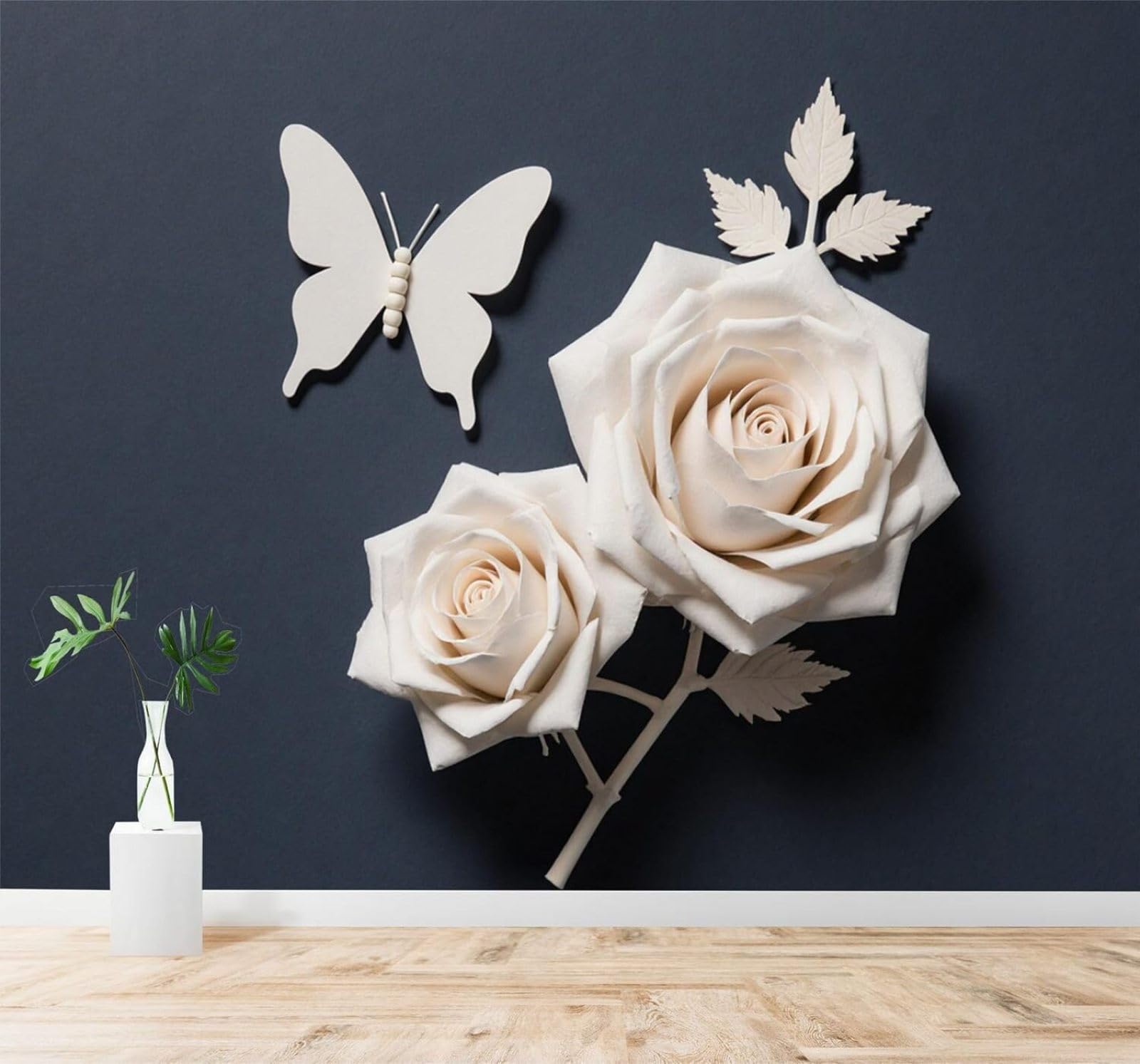 Tzxztt Minimalist Three Dimensional White Roses Butterflies Dark Modern 3D Wallpaper Premium Textured Silk Neutral Tones Material Ideal for Living Room Bedroom-300cm×210cm