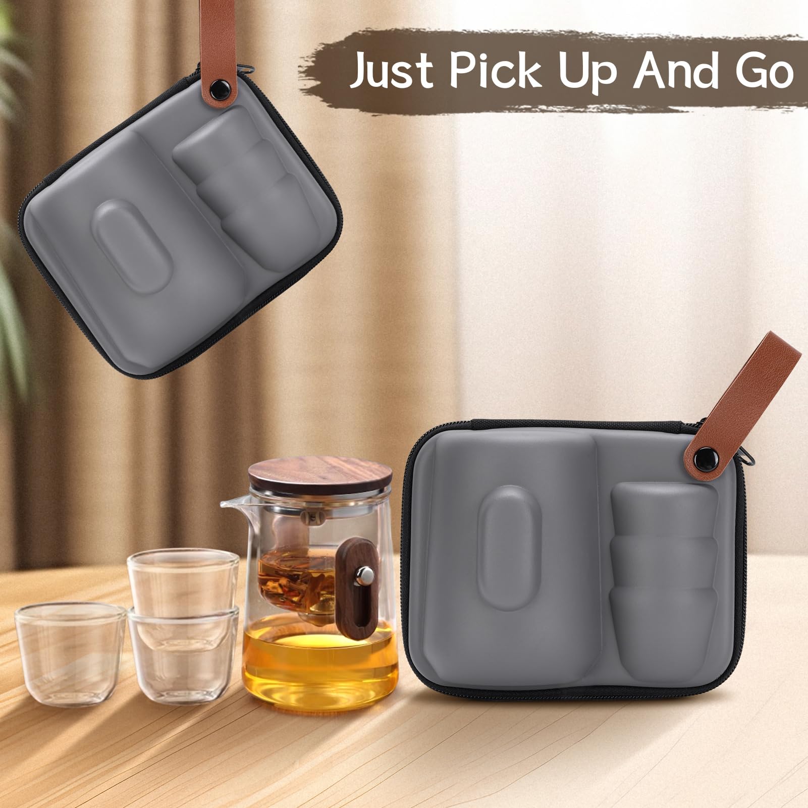 Enchanti Teekanne, magische Hexerei, verzaubertes Glas, Reise-Teekanne mit abnehmbarem Sieb, Borosilikatglas, Wassertrennung, Drucksteuerung, Teekanne mit 3 Tassen, Aufbewahrungstasche, 330 ml