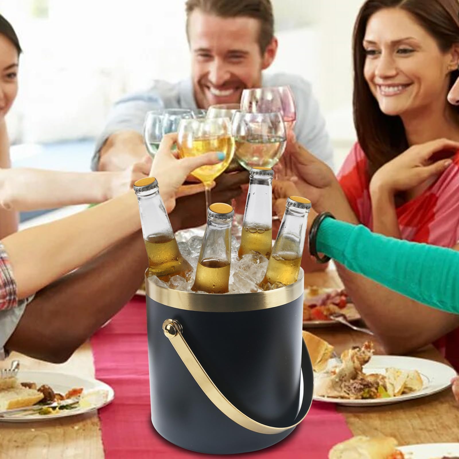 3L cubiteras para hielo grande hielera portátil cubiteras para botellas de doble pared de acero inoxidable champanera con Tapa Colador Cuchara hielo y Pinza para Bar Fiestas de picnics Negro