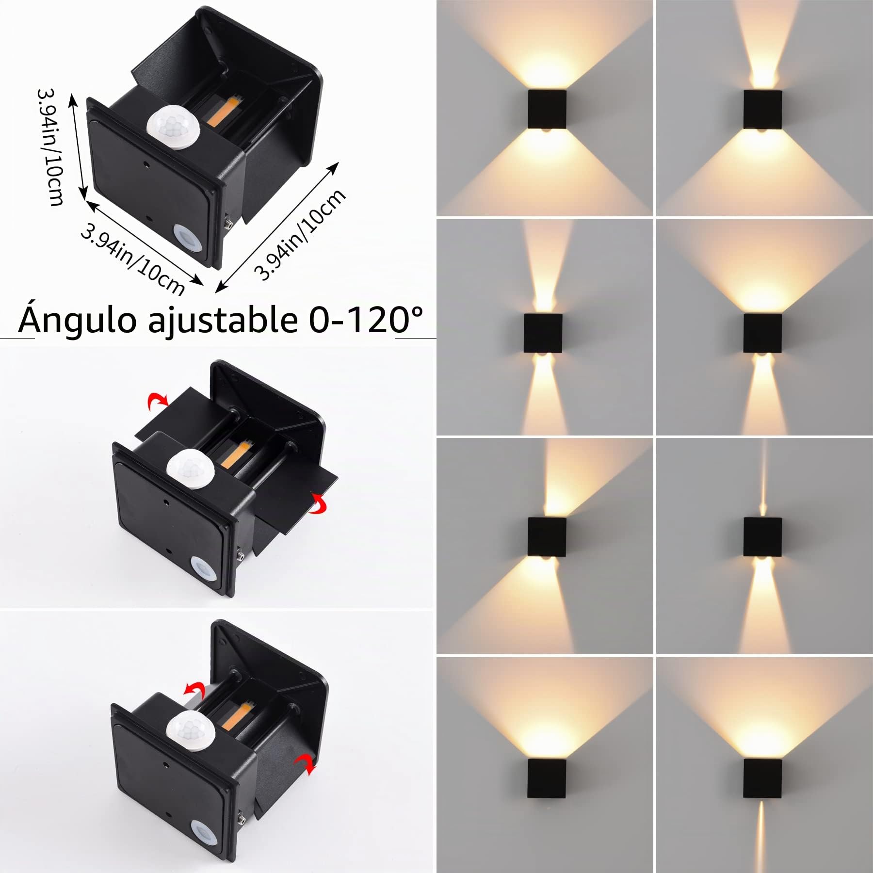 2 lámparas LED de pared para interiores y exteriores con sensor de movimiento, 12 W, 3000 K, luz blanca cálida, lámpara de pared moderna, impermeable IP65, iluminación de pared con ángulo de haz