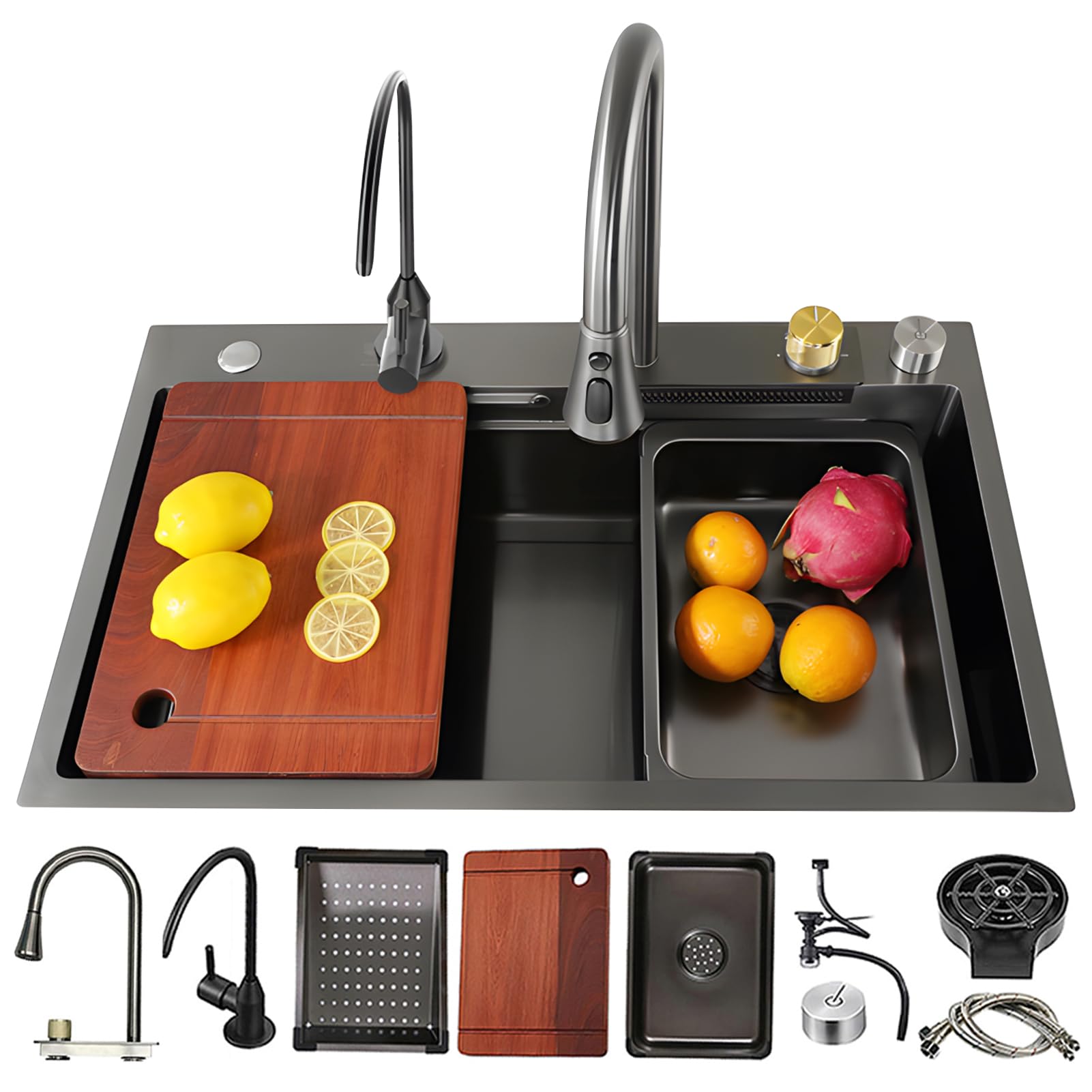 Fregadero de acero inoxidable de 65x50 cm gris negro con desagüe derecho y cascada