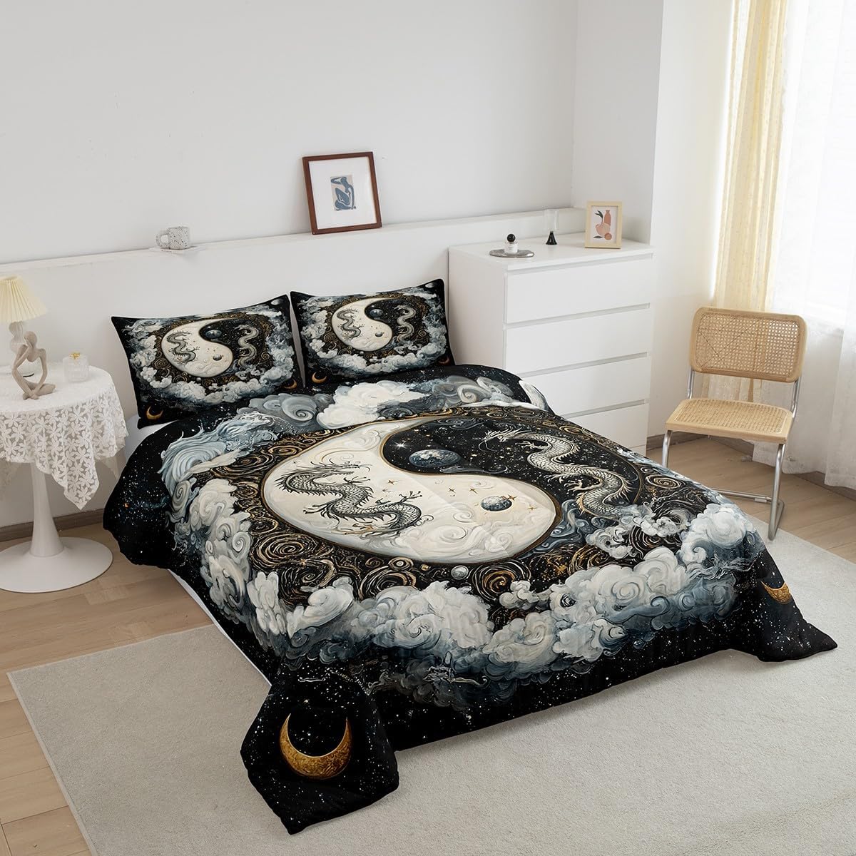 Erosebridal Tai Chi Bagua Dragon Bedding Set Queen for Adults Girls Traditional Chinese Pattern Comforter Set Asian Oriental Theme Comforter Mythical Animals Bedroom Decor Retro Cloudy Moon Quilt