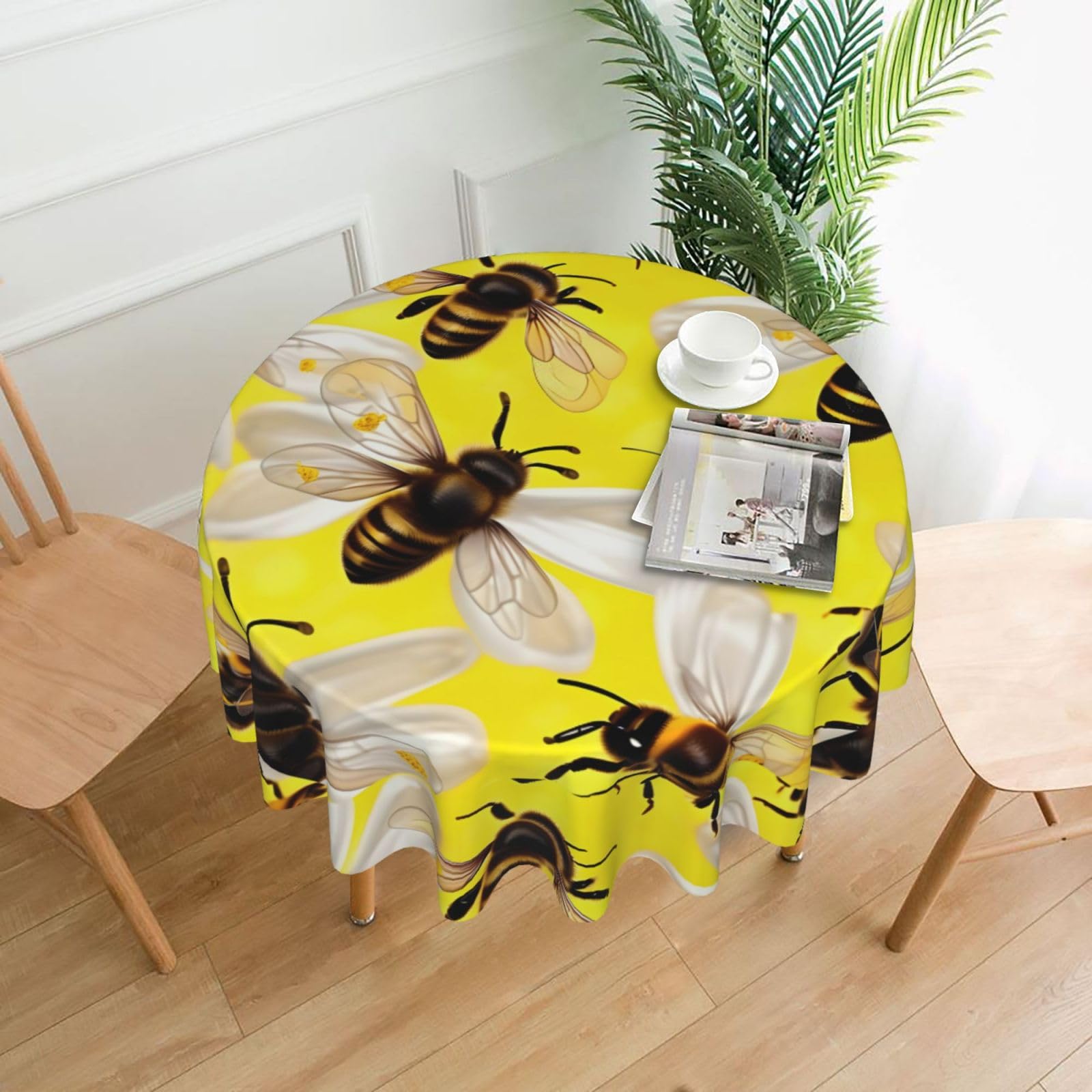 Nbtghga Flying Bees Daisy Honeys Print Tablecloth Round Border Table Cloth Cover Decorative For Party Holiday Dinning Tabletop Home