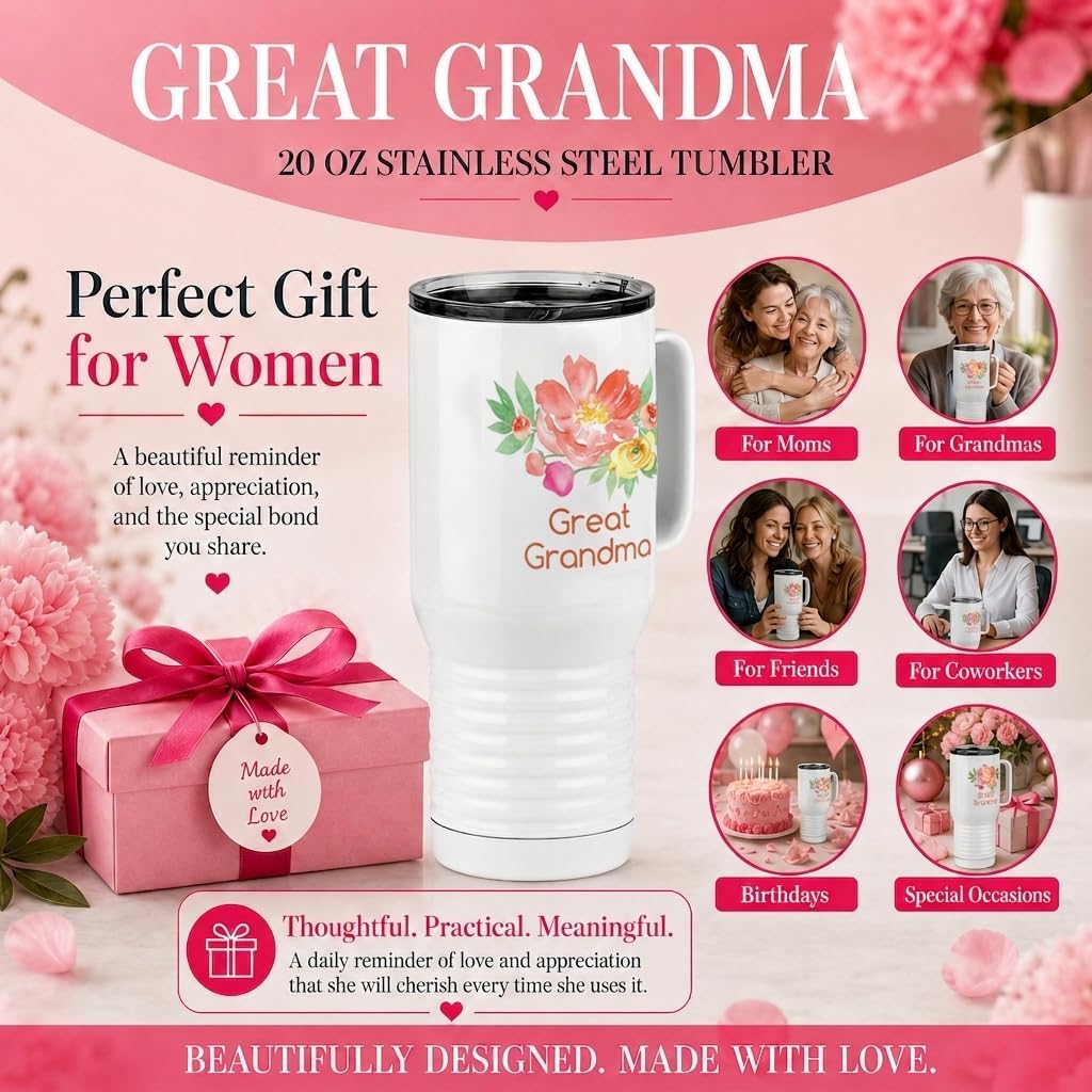 Just So Posh Great Grandma Flowers Tumbler, 20 oz Travel Coffee Mug with Handle & Straw Lid, Stainless Steel Insulated Coffee Tumbler, Gift for Grandmother image 3