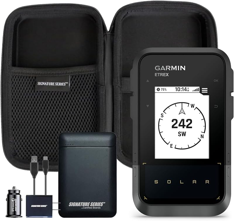 Garmin eTrex Solar Powered GPS Handheld Navigator | Unlimited Solar Charging, Bright Screen, Multi-Band GNSS, Digital Compass, Geochaching, for Hiking | with Signature Series Power Bundle
