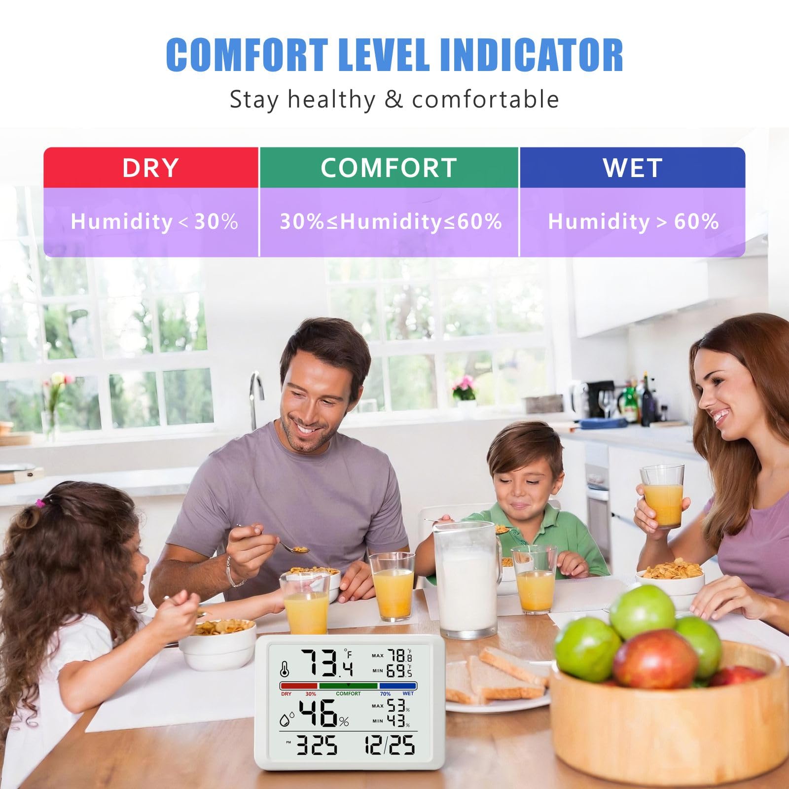 Digital Thermometer Hygrometer, Plumeet Indoor Wall Thermometer with Backlight, Digital Alarm Clock, Date, Air Comfort Indicator, Max Min Record, Desktop Thermometer for Home, White - 5