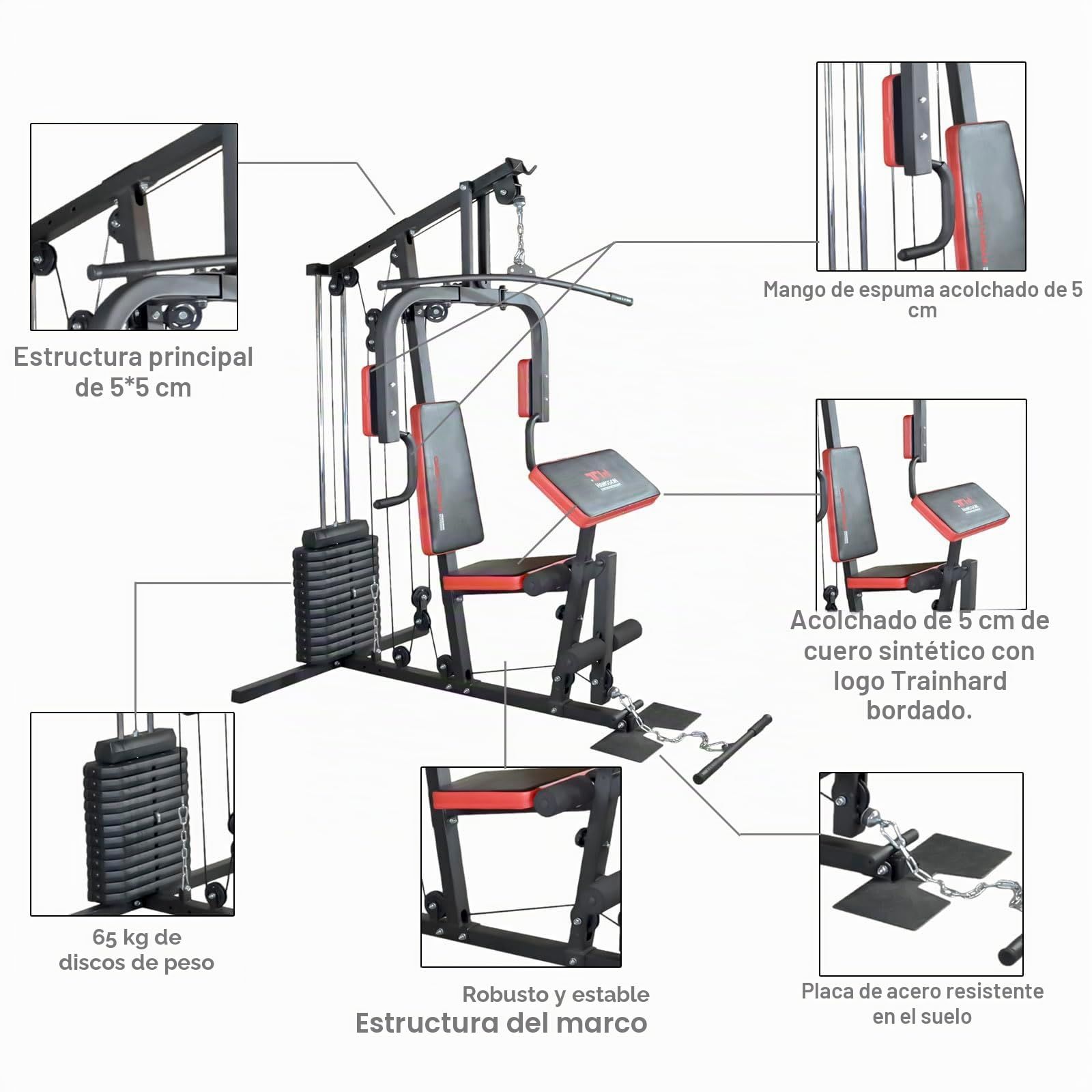 TrainHard® - Estación de entrenamiento para gimnasio en casa, incluye prensa de piernas, estación de inmersión, elevador de piernas y banco para sentadillas