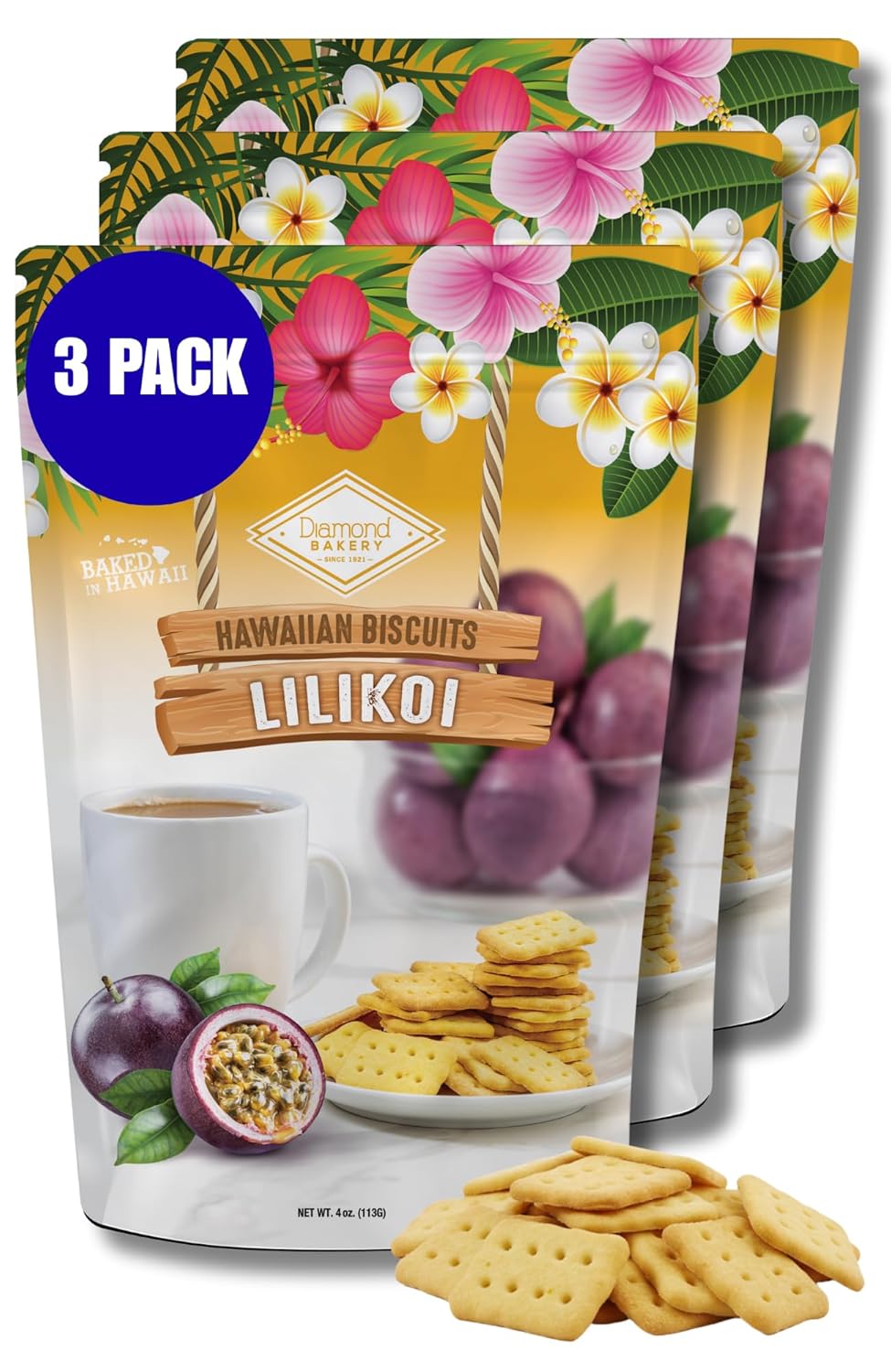 Diamond Bakery Hawaiian Lilikoi (Passion Fruit) Biscuits – Made in Hawaii, Crunchy Sweet Biscuits with Lilikoi Flavor, 12oz, 3-Pack (Each 4oz Bag Contains 4 Servings), Perfect Snack for On-the-Go