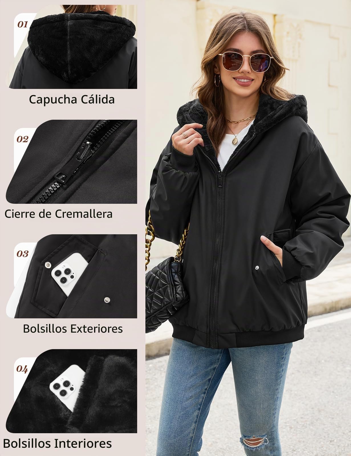 Vancavoo Chaqueta Reversible Mujer de Invierno con Capucha y Pelo Suave | Cazadora Corta con Cremallera, Puños de Canalé y Bolsillos en Ambos Lados para Uso Diario