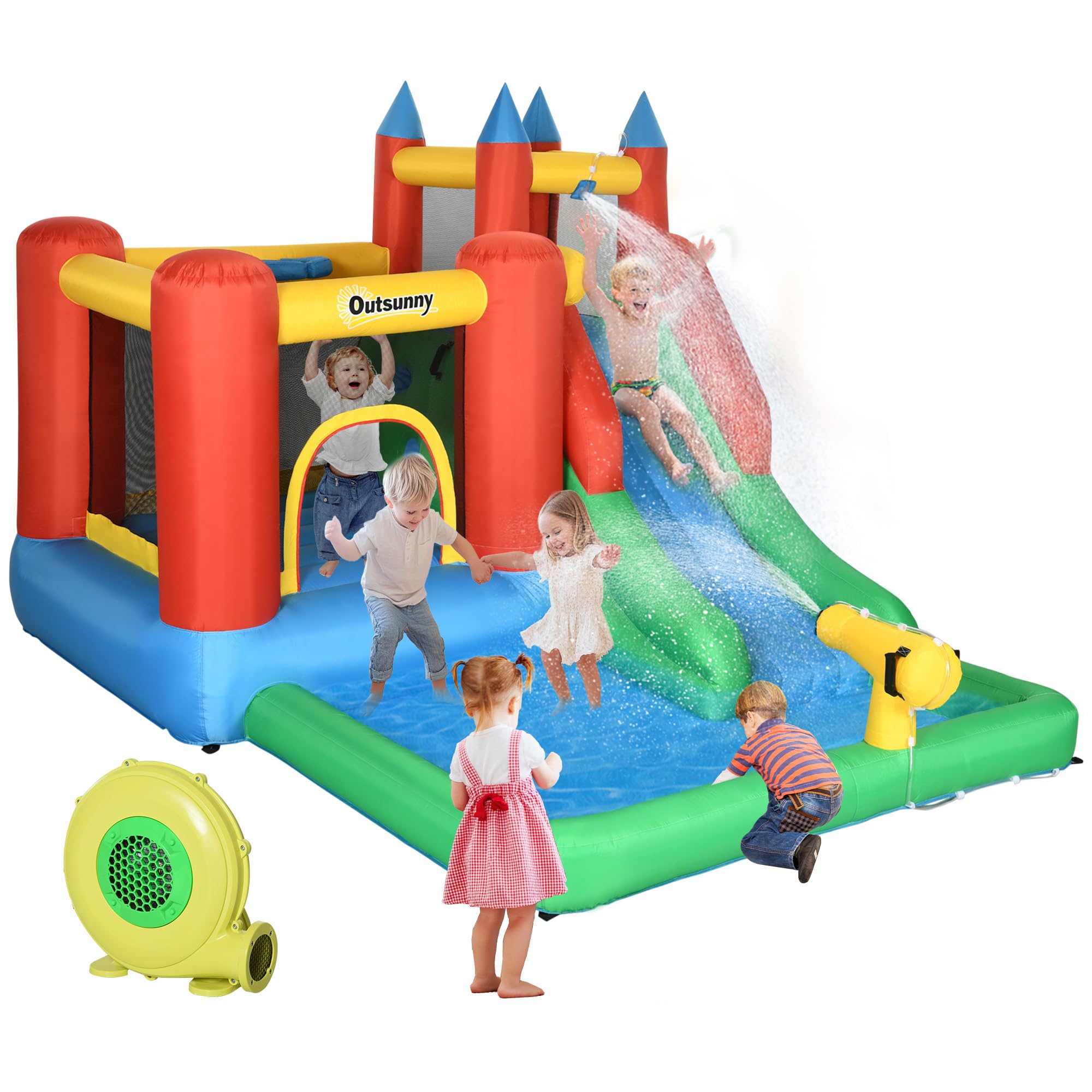 Outsunny 6-in-1 Kids Bounce House Inflatable Water Slide with Pool, Water Cannon, Climbing Wall, Inflator Included, Jumping Castle Kids Backyard Activity Outdoor Water Play Toy