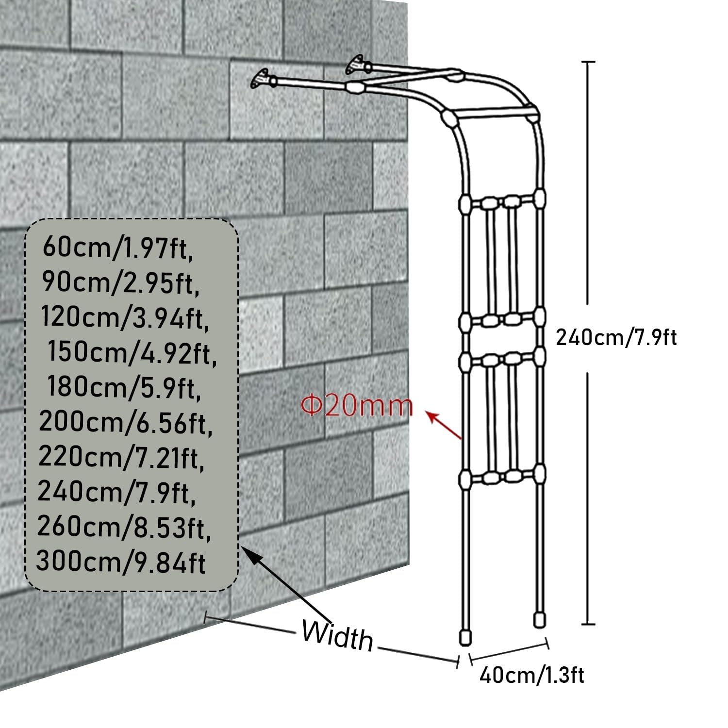 Arco da giardino per parete in metallo, traliccio per rose, altezza 240 cm, robusto, design a mezzo strato, per terrazza, montaggio a parete, nero (H240 x W200 cm)