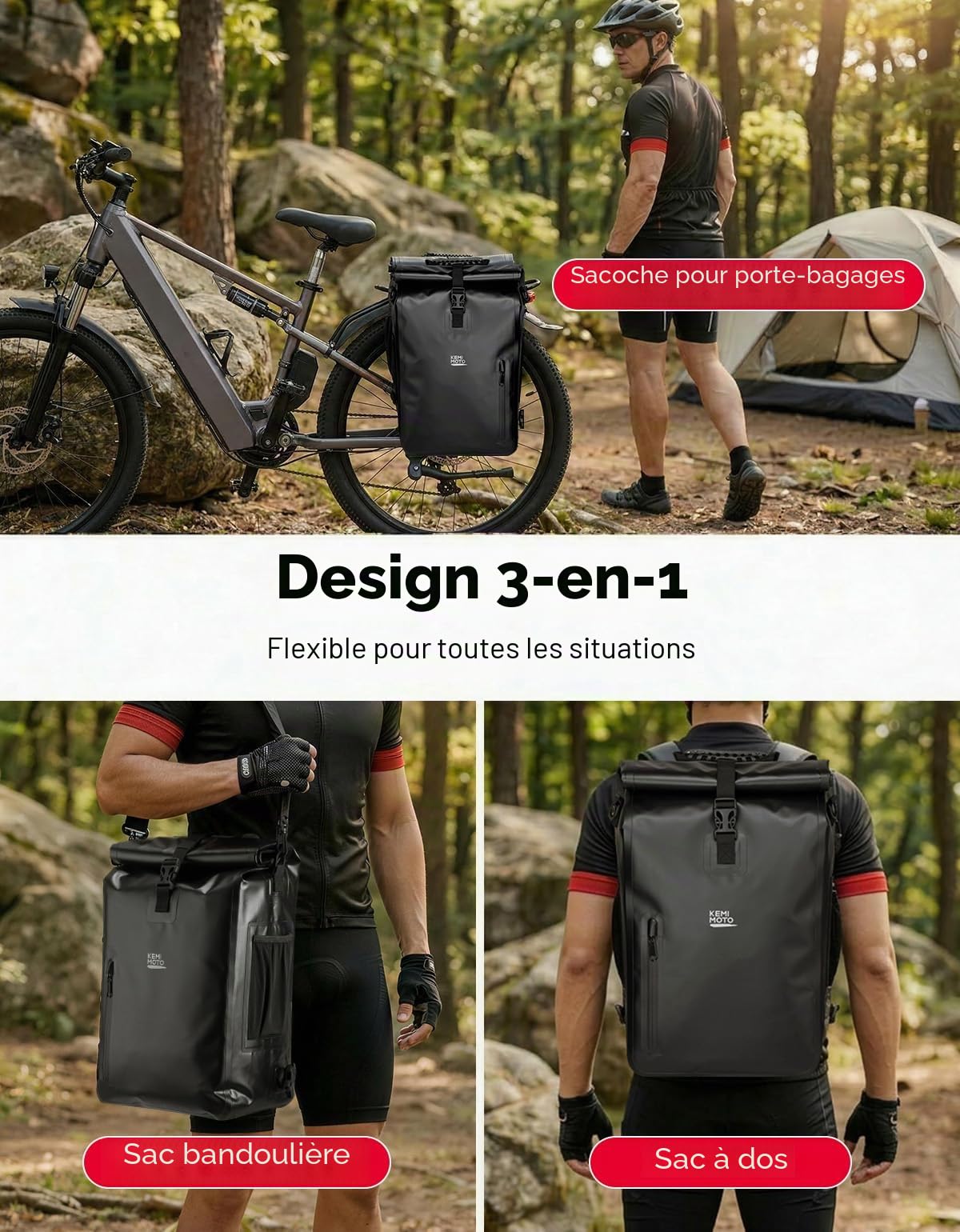 KEMIMOTO Sacoche de Vélo Étanche 27 L, Sacoche Velo Porte Bagage Arriere avec Compartiment pour Ordinateur Portable, Sac 3 en 1 Convertible en Sac à Dos et Sac Bandoulière avec Poignée et Bandoulière