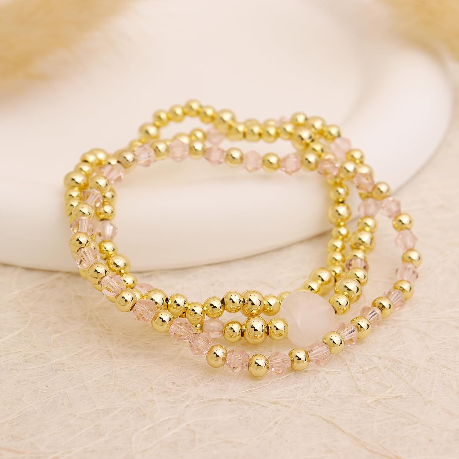 Gold Beaded Heart Stack Bracelets Set for Women, 3Pcs Dainty Handmade Pink beads Stackable Stretch Bracelet Everyday Fashion Jewelry Gift. - Image 5